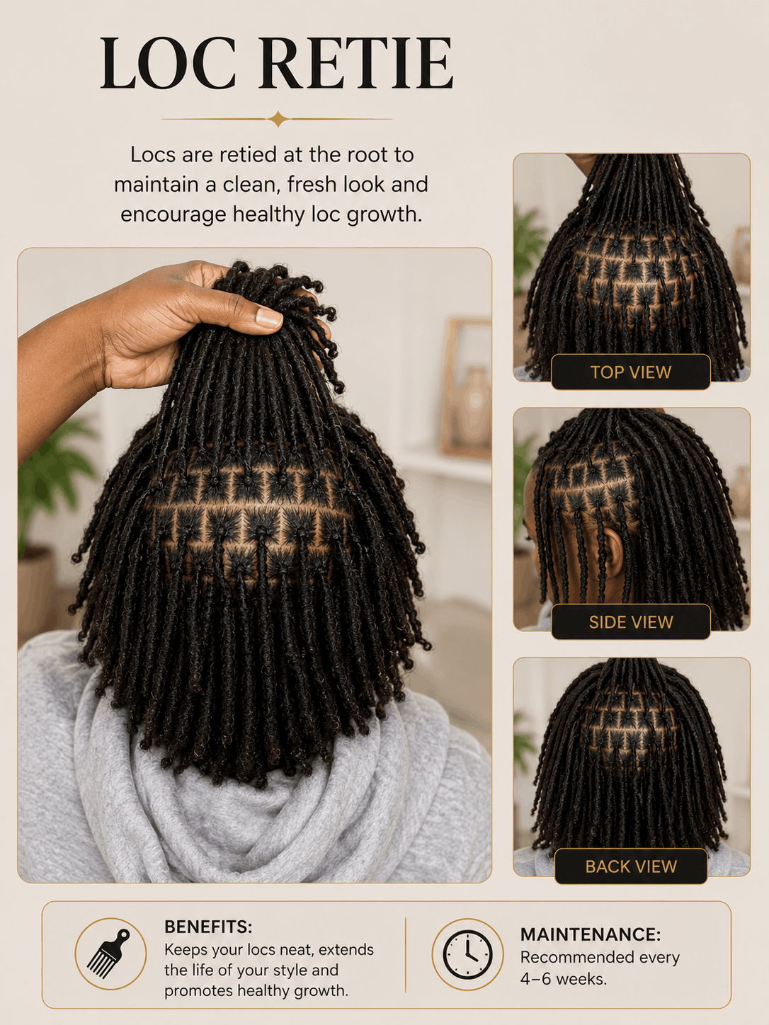 Informational poster showing different angles of a person's dreadlocks, with sections labeled Top View, Side View, and Back View. The poster emphasizes retiding dreadlocks for a clean look and promotes healthy growth.