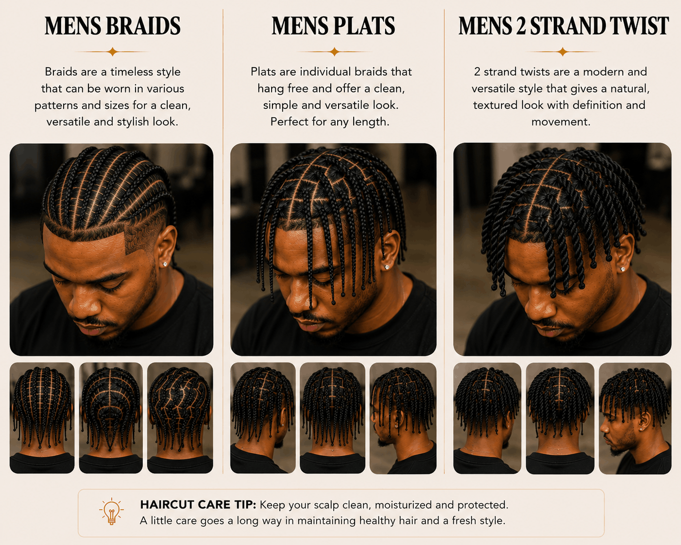 Comparison of men's hairstyles: braids, flat twists, and two-strand twists with descriptions and images from different angles.