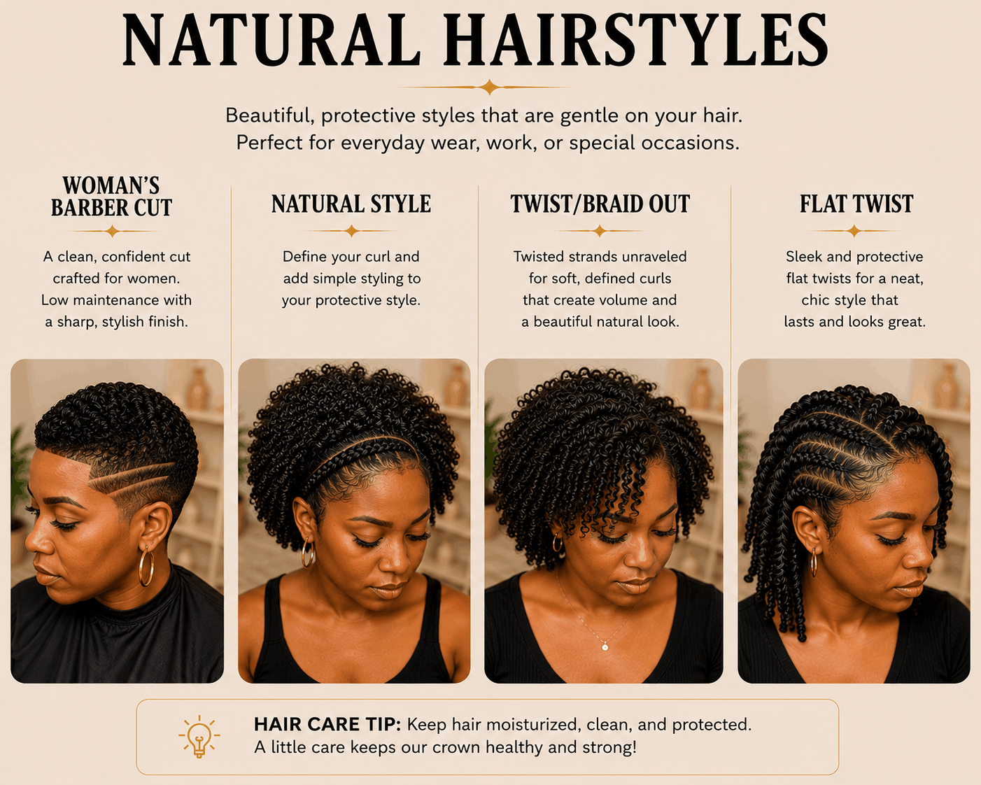 Poster titled "Natural Hairstyles" showing four different hairstyle styles with example images and descriptions: Woman's Barber Cut, Natural Style, Twist/Braid Out, Flat Twist. Hair care tip at the bottom about keeping hair moisturized, clean, and pr