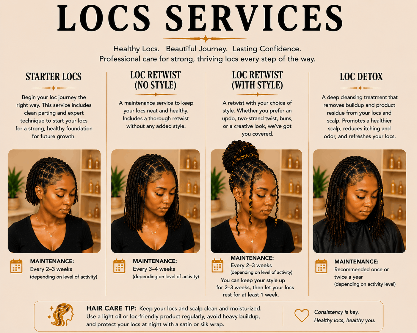Informational poster for LOCS services featuring four options: Starter Locs, LOC Retwist (No Style), LOC Retwist (With Style), and LOC Detox, with images of a woman with styled locs and maintenance tips and schedules.
