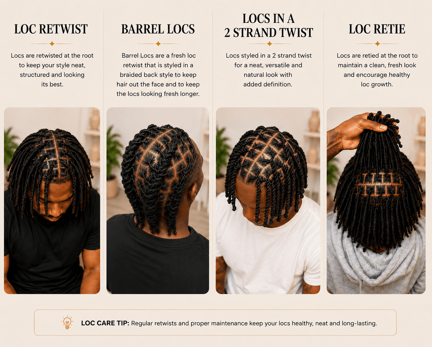 A guide showcasing four styles of locs: retwist, barrel locs, locs in a 2 strand twist, and loc retie, with accompanying images of a person modeling each style, and a care tip about maintaining healthy locs.