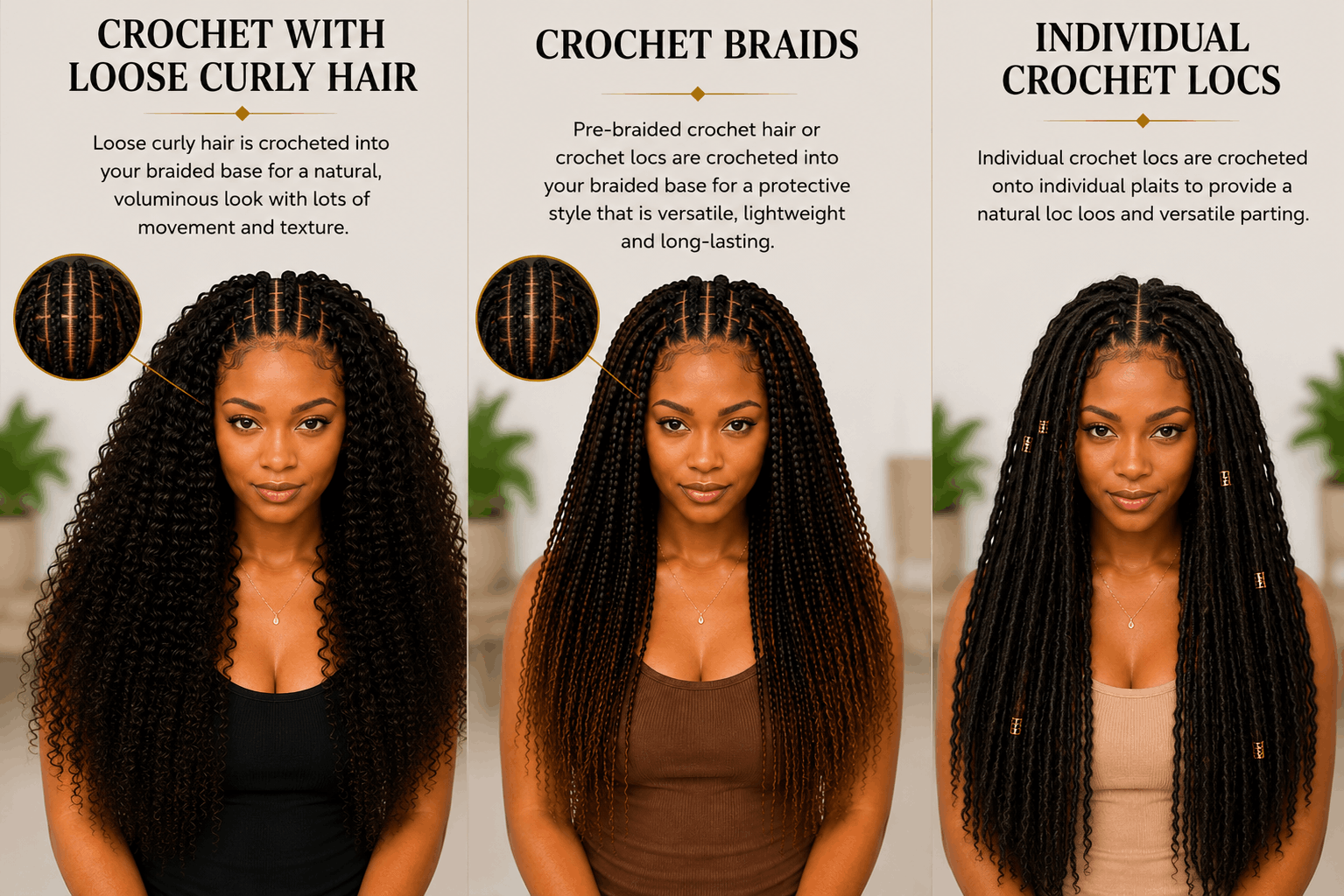 Three women demonstrating different crochet hairstyles: loose curly hair, crochet braids, and individual crochet locs, with explanatory text for each style.