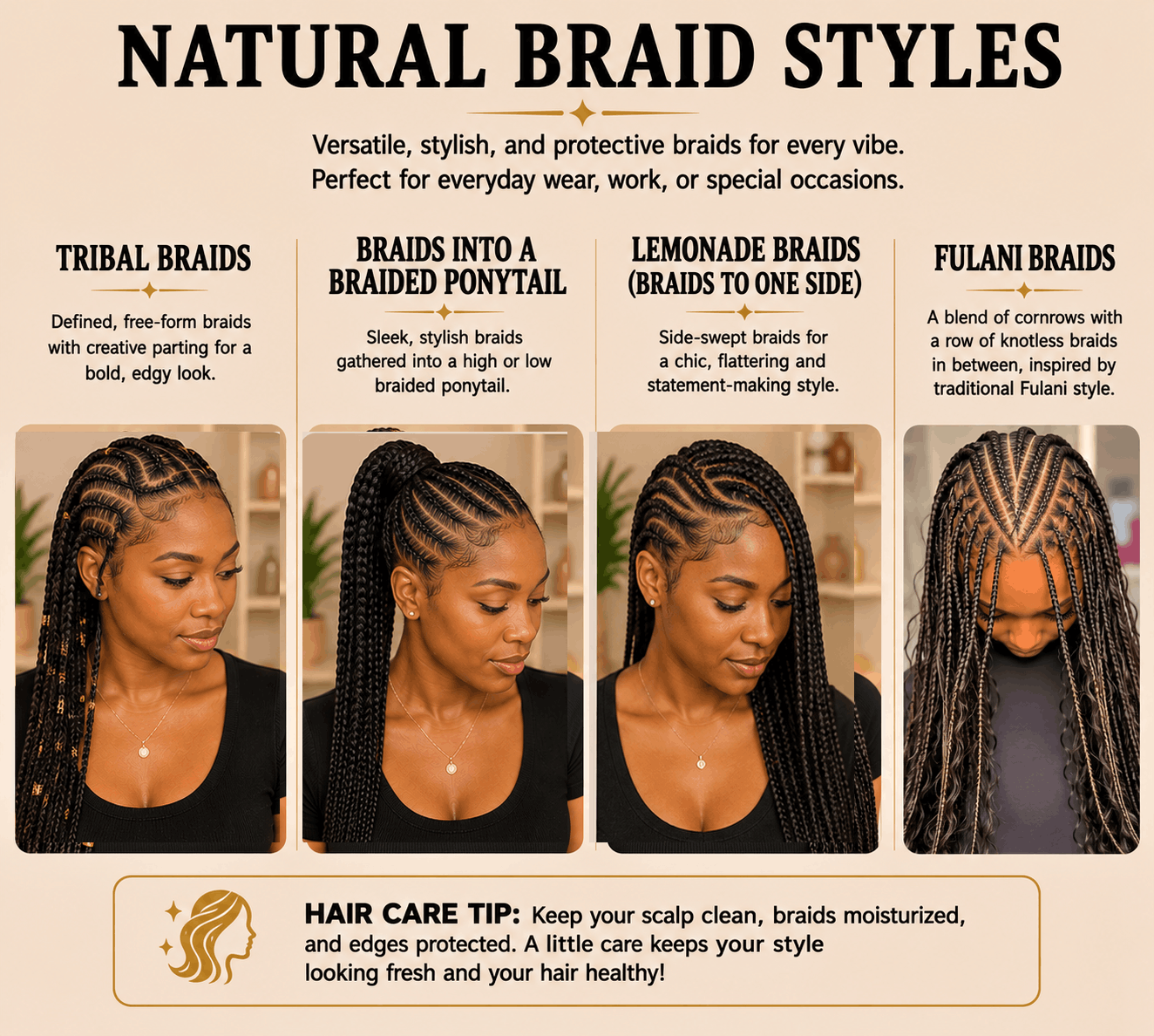 A chart describing different natural braid styles, including tribal braids, braids into a braided ponytail, lemonade braids, and Fulani braids, with images of a woman showcasing each style.