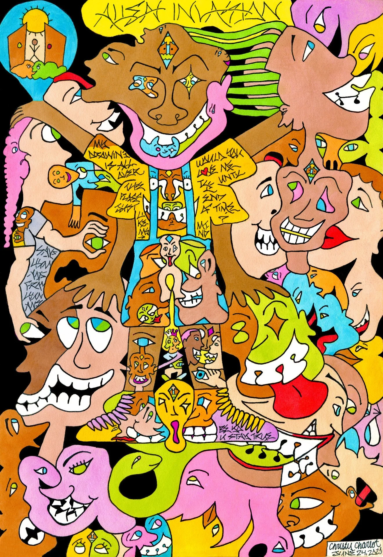 Colorful cartoon illustration featuring multiple overlapping happy and smiling faces, with some expressions showing excitement or surprise. The drawing is abstract and chaotic, blending human faces with exaggerated features and vibrant colors.