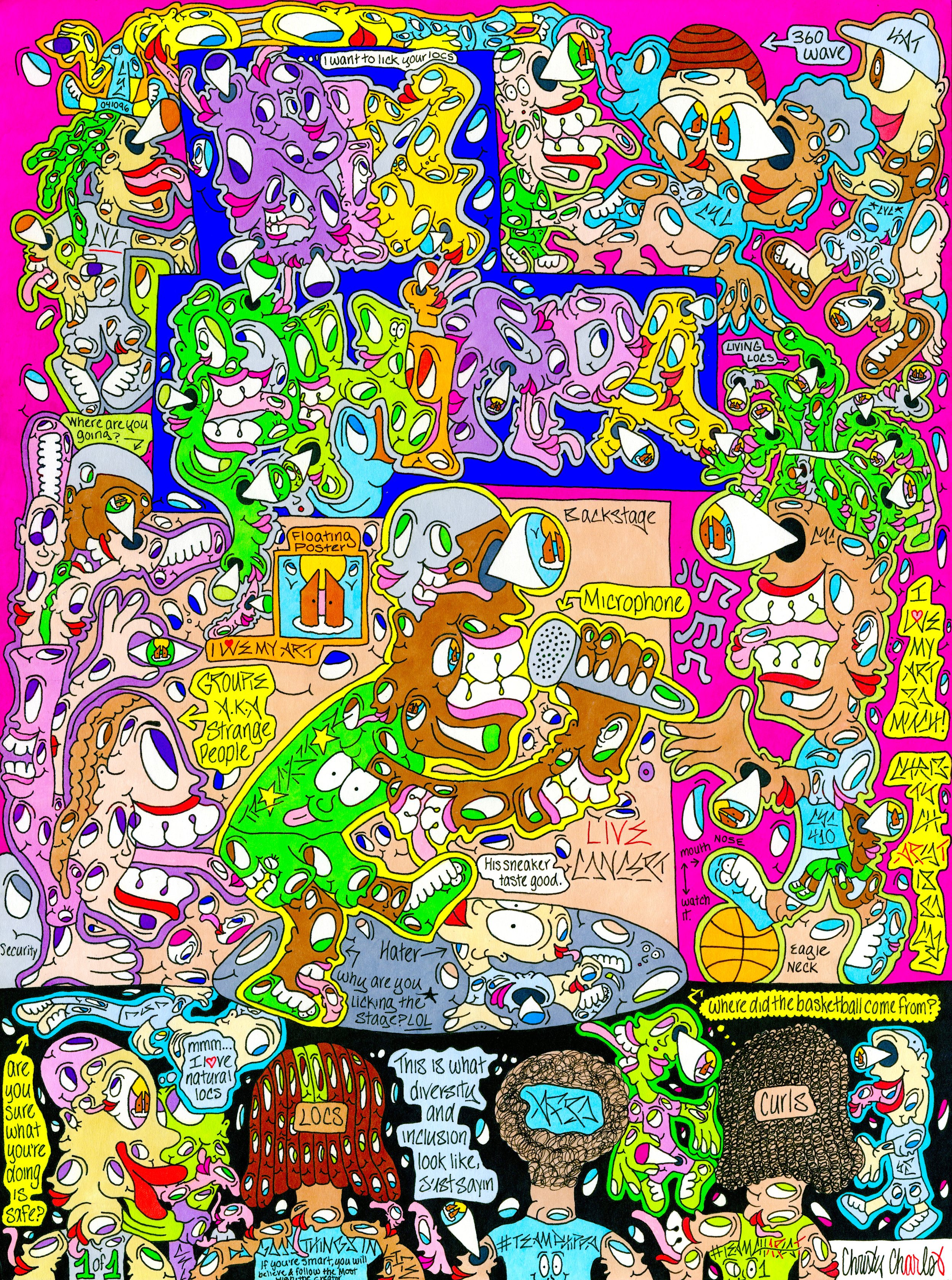 Colorful, doodle-style illustration with various cartoon faces, speech bubbles, and scattered notes, filled with vibrant colors and abstract shapes.