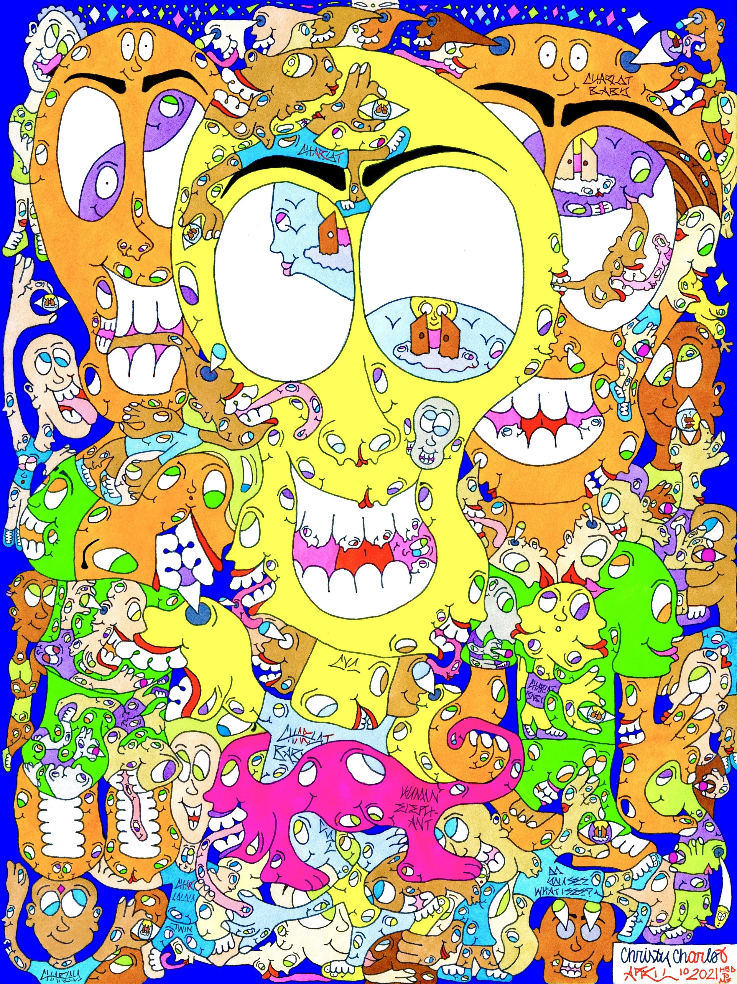 Colorful illustration featuring a large yellow smiley face skull at the center, surrounded by various animated characters with exaggerated facial expressions and playful designs, set against a blue background.
