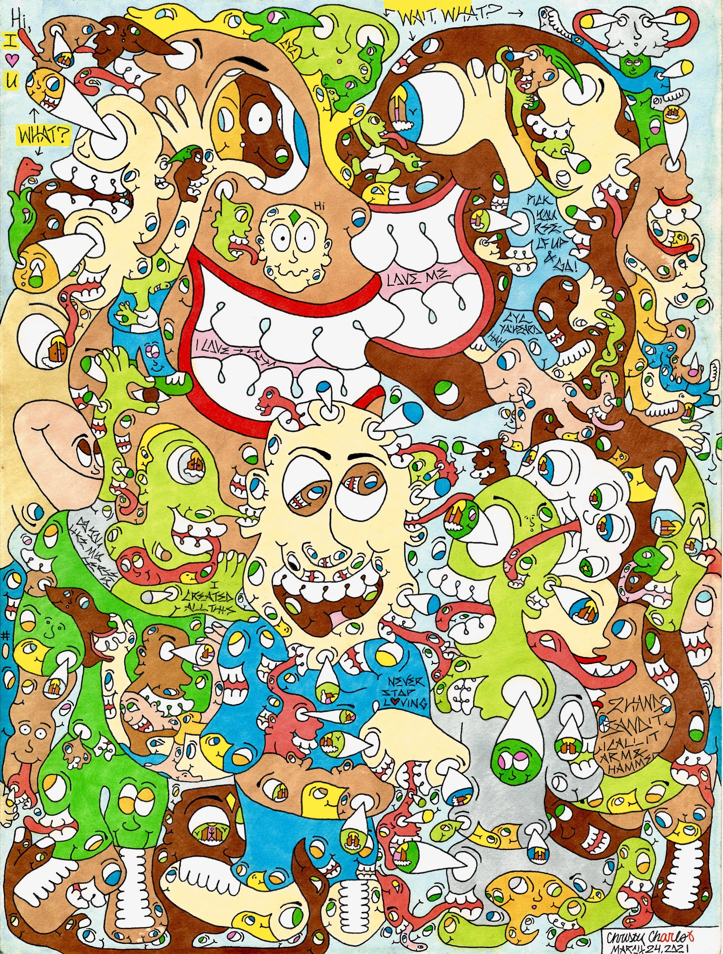 Colorful, chaotic doodle featuring a multitude of cartoonish monsters, faces, and abstract creatures in various bright colors with speech and thought bubbles, including mischievous expressions and exaggerated features.