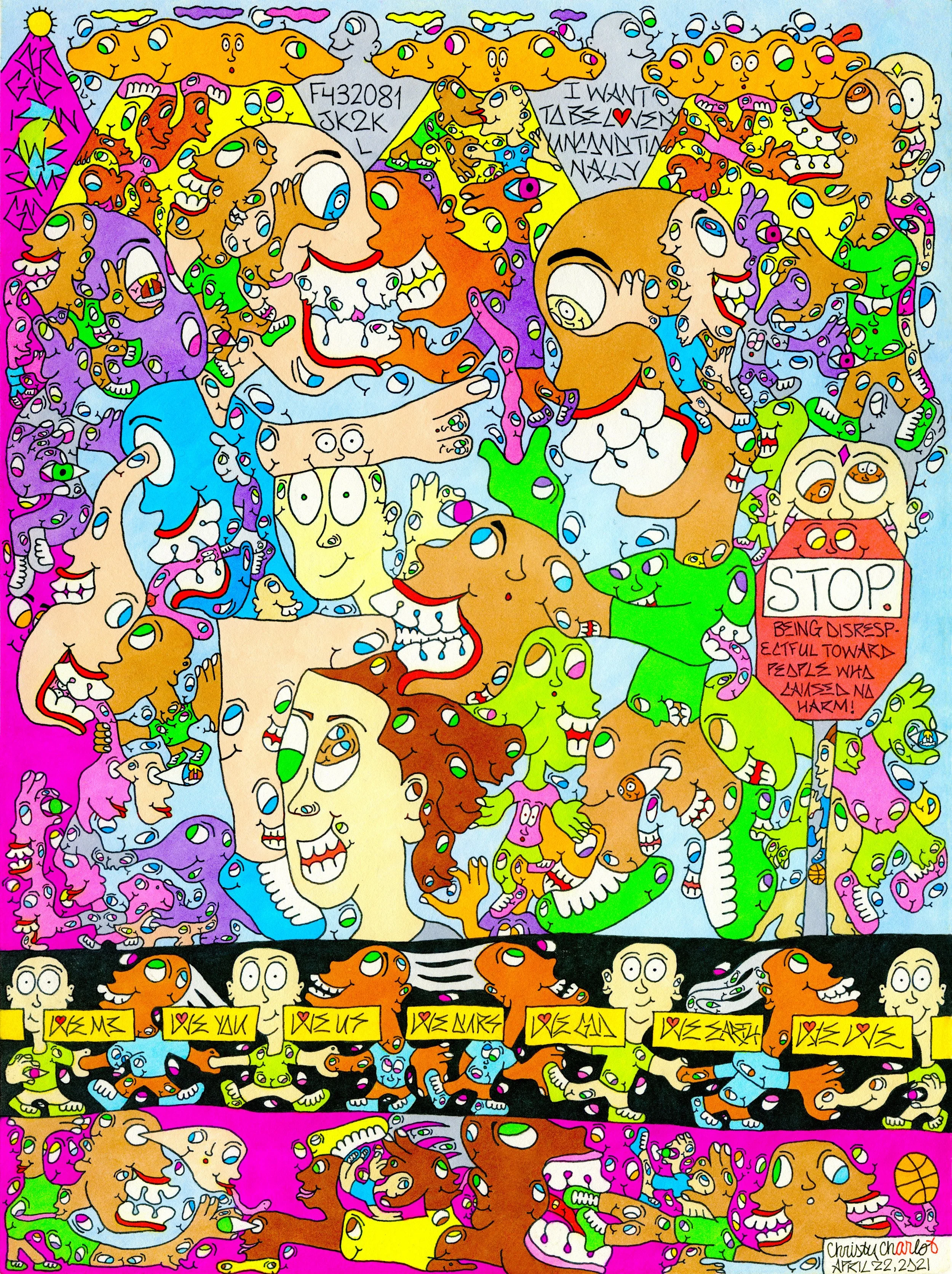 Colorful cartoon-style illustration with a large group of whimsical, expressive animals and people, some with exaggerated facial features, appearing to talk and interact. Several speech bubbles and signs display messages, including a red sign stating, 'STOP being disrespectful towards people who listen no harm!'. The scene is chaotic and lively with vibrant colors and various characters.