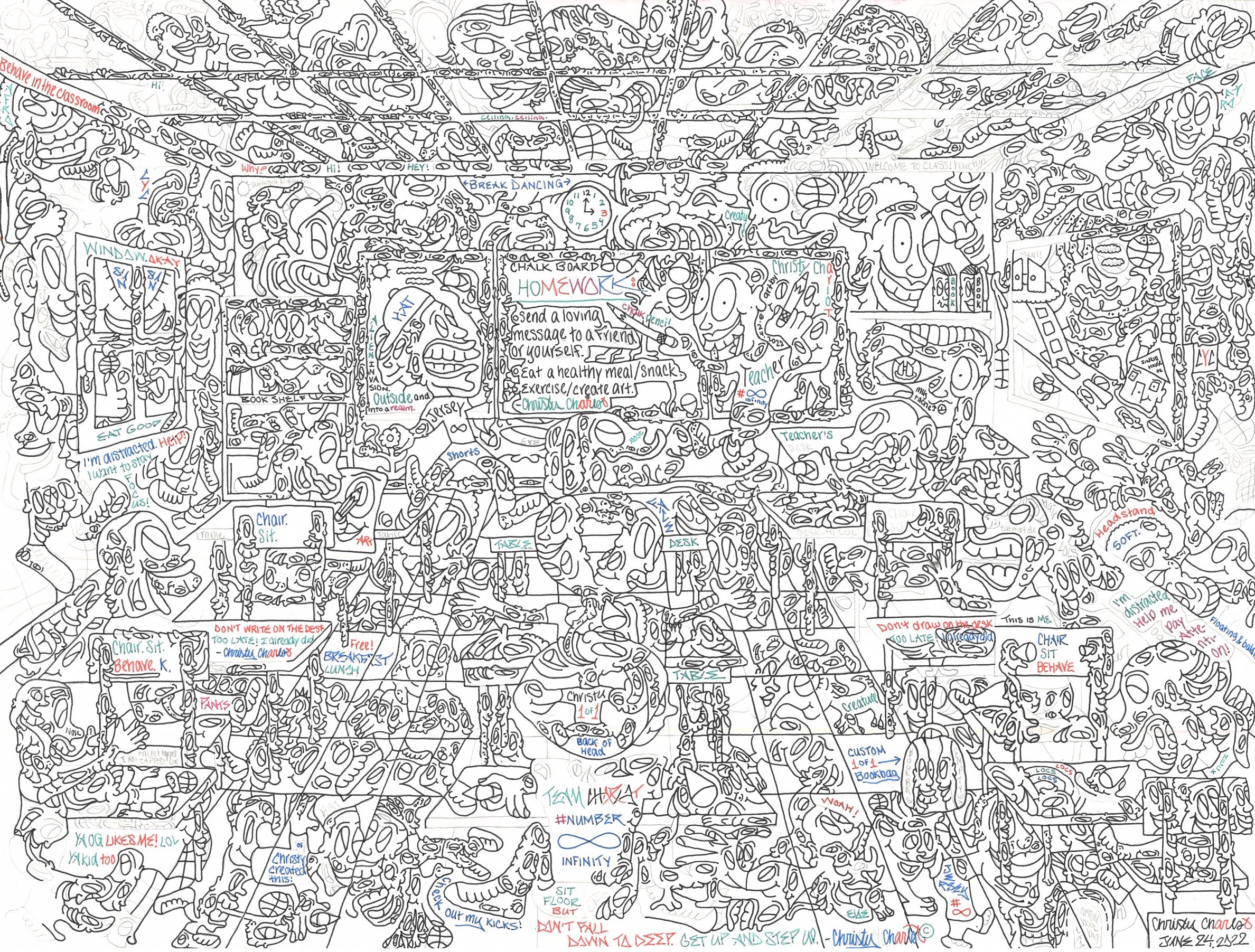 A detailed black and white doodle of a lively classroom filled with exaggerated cartoon characters, desks, chairs, and various classroom objects, with colorful handwritten notes and doodles scattered throughout.