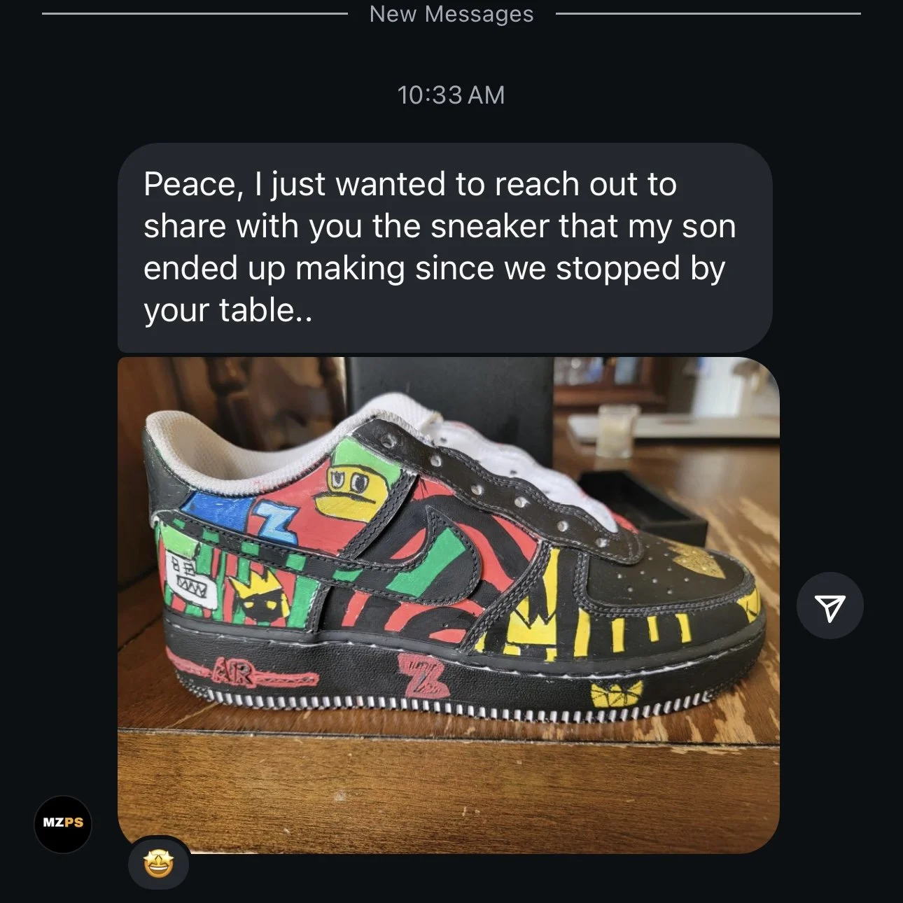 Colorful children's sneaker decorated with graffiti-style drawings and comic characters.