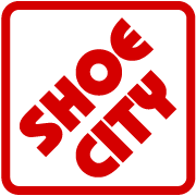 Colorful logo for Shoe City with red and white colors.