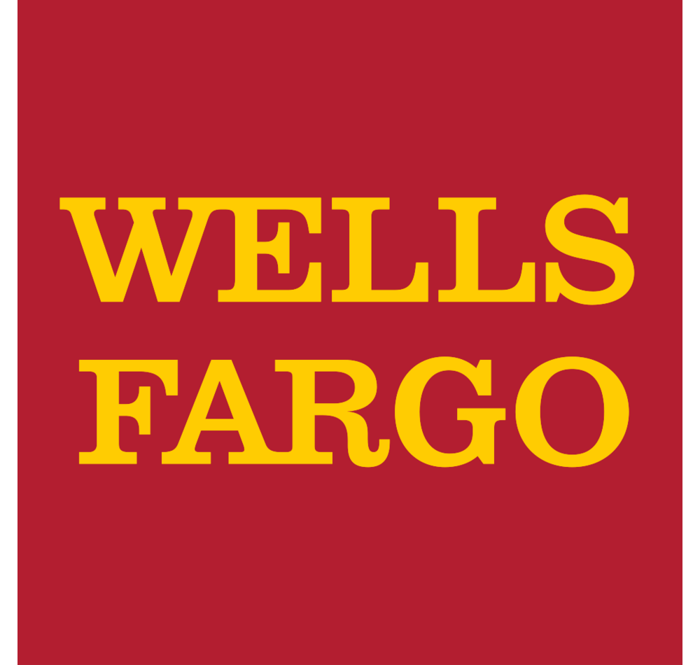 Wells Fargo logo with yellow text on a red background.