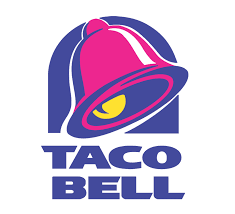 Taco Bell logo featuring a pink bell with a yellow accent and the text 'TACO BELL' below it.