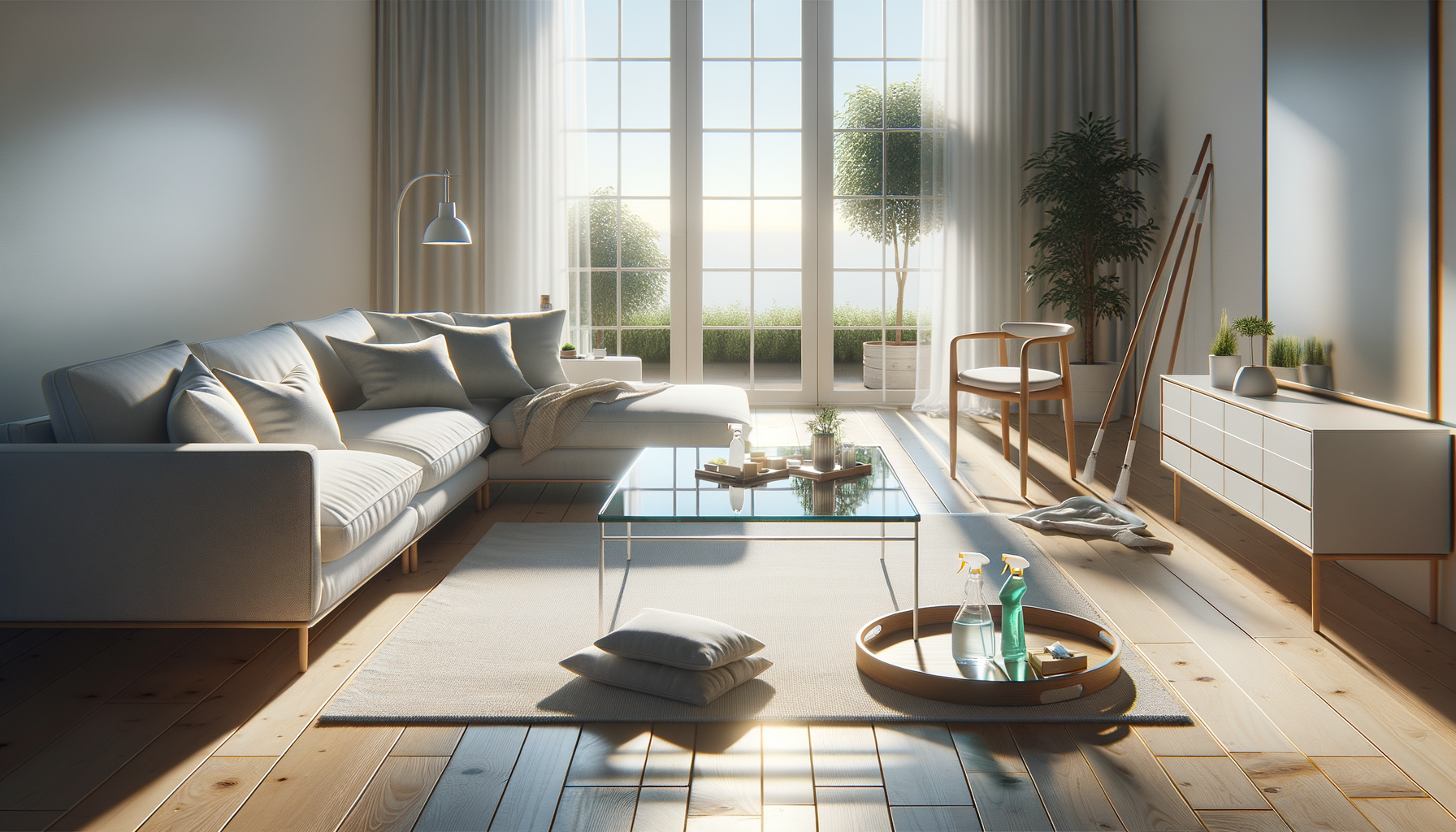 Bright living room with a white sofa, glass-top coffee table, and large windows with curtains, decorated with plants and wooden furniture.