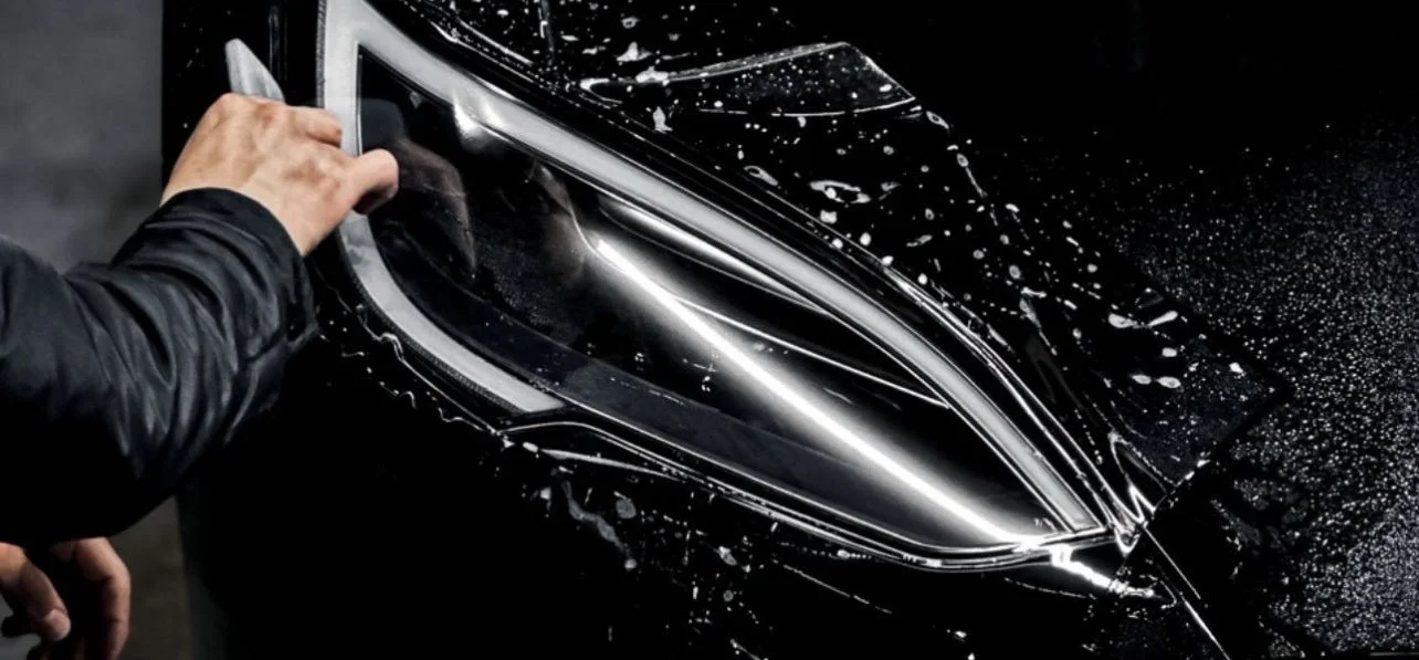 Person installing a protective plastic film on a black car headlight during a car detailing or repair process.