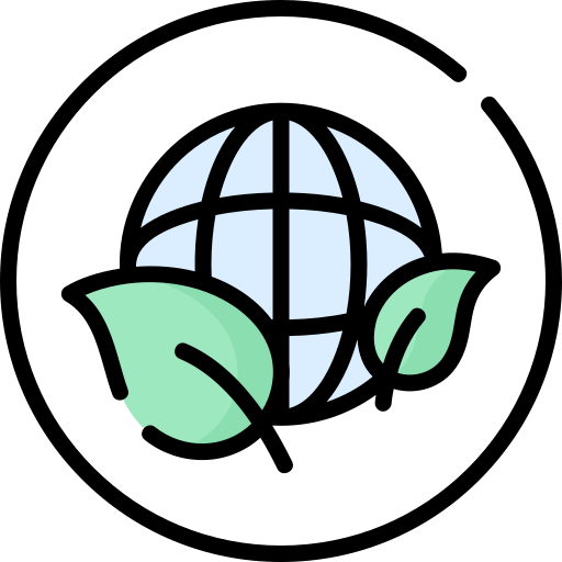 A globe with two green leaves surrounding it.