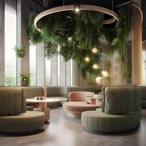 Modern lounge area with circular seating, hanging pendant lights, and an indoor garden with hanging and potted plants in front of large windows.