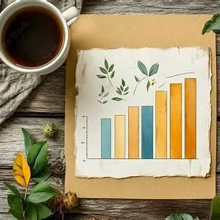 Hand-drawn bar chart with ascending orange and blue bars, surrounded by plants, a cup of coffee, and a notebook on a wooden table.