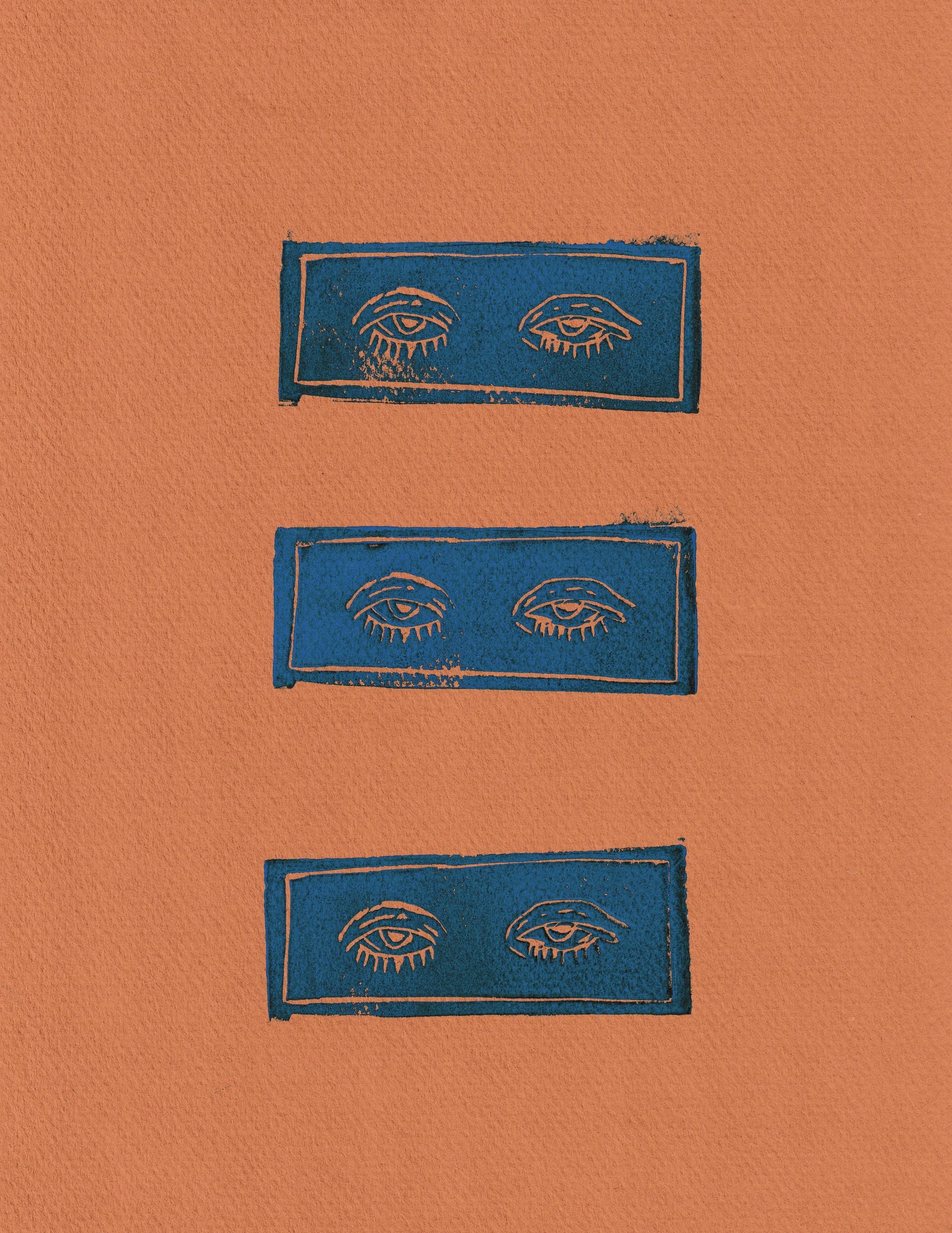 Black and white illustration of multiple rectangular cards, each featuring an eye with rays extending from the iris, arranged in rows and columns on a white background.
