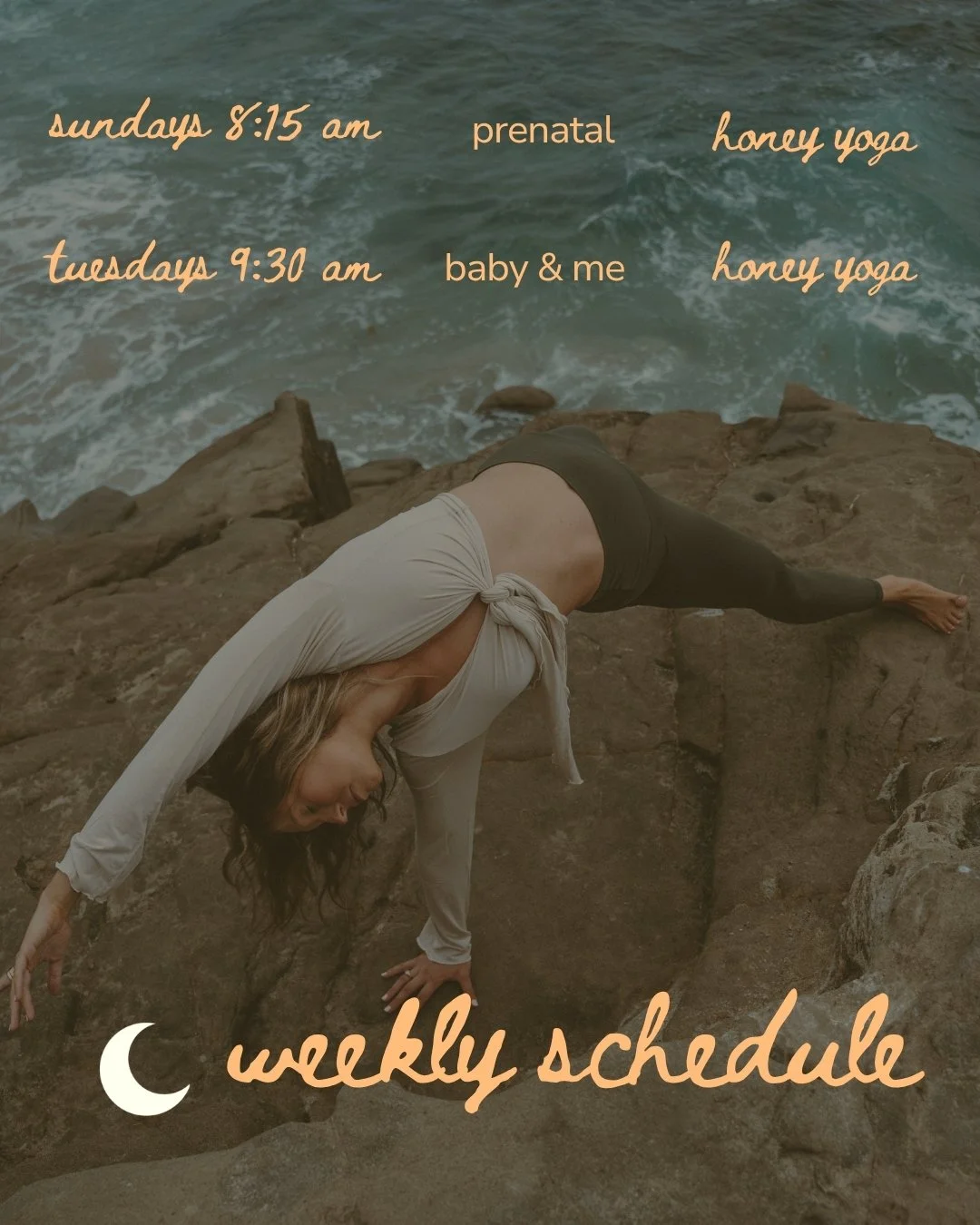 Schedule of classes for Jamie this week featuring various yoga and empowerment classes on different days and times with descriptions of class themes on the right side.