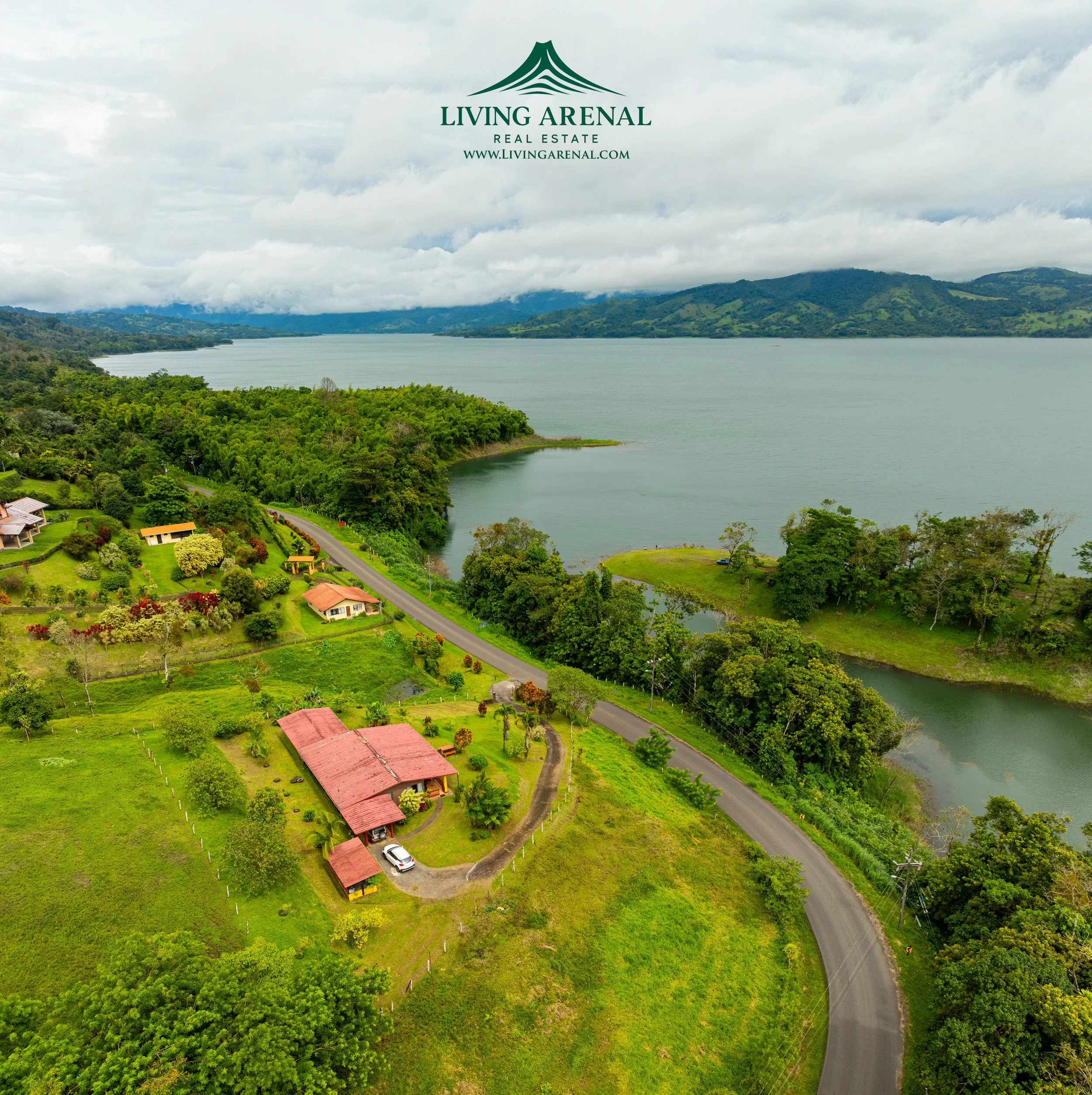Aerial view of a lakeside residential area with houses, a winding road, lush green trees, and a large body of water with mountains in the background.