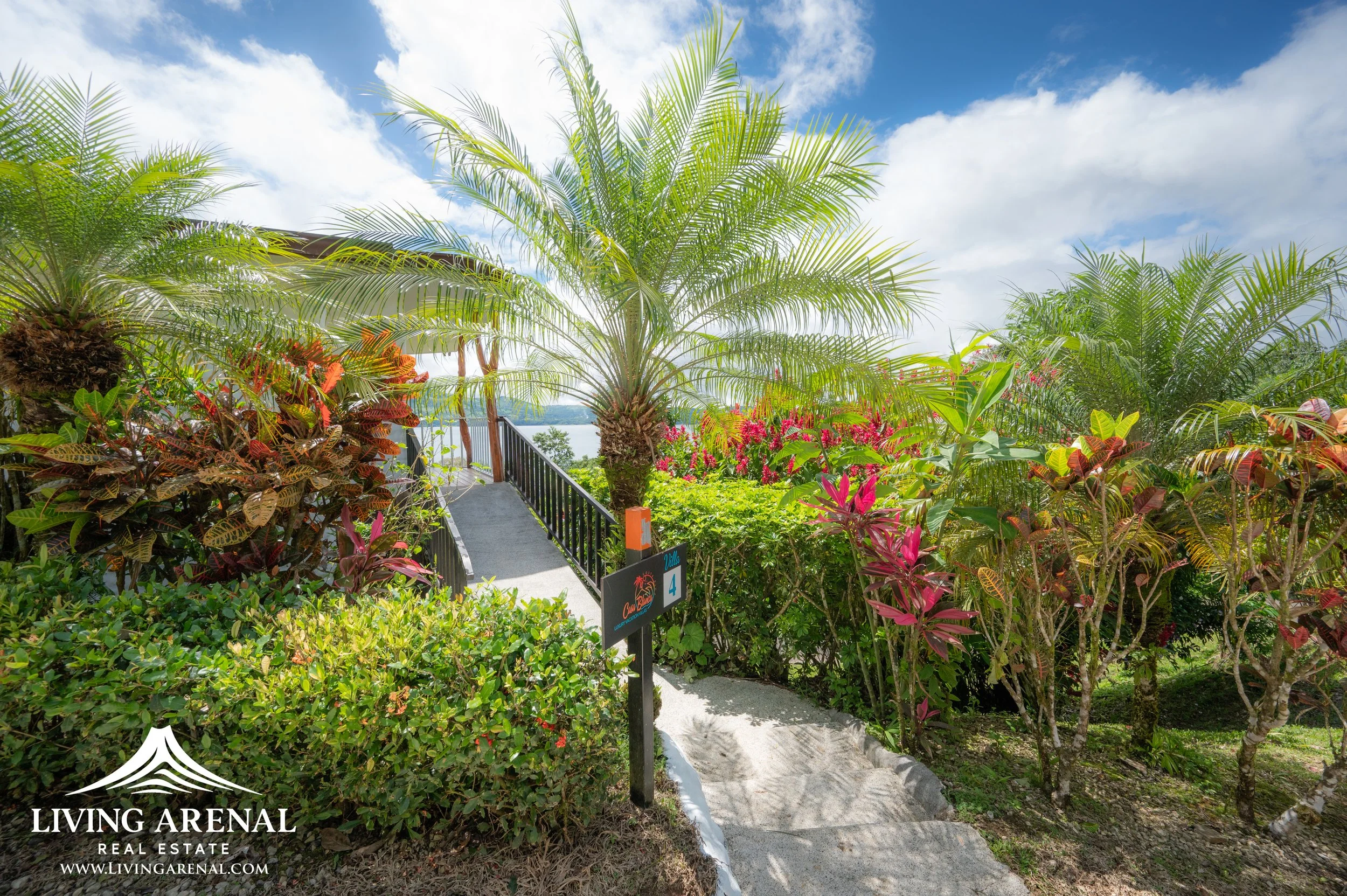 A tropical garden with lush green palm trees and colorful flowering bushes on a pathway leading to a scenic view of a lake or river with blue sky and white clouds in the background.