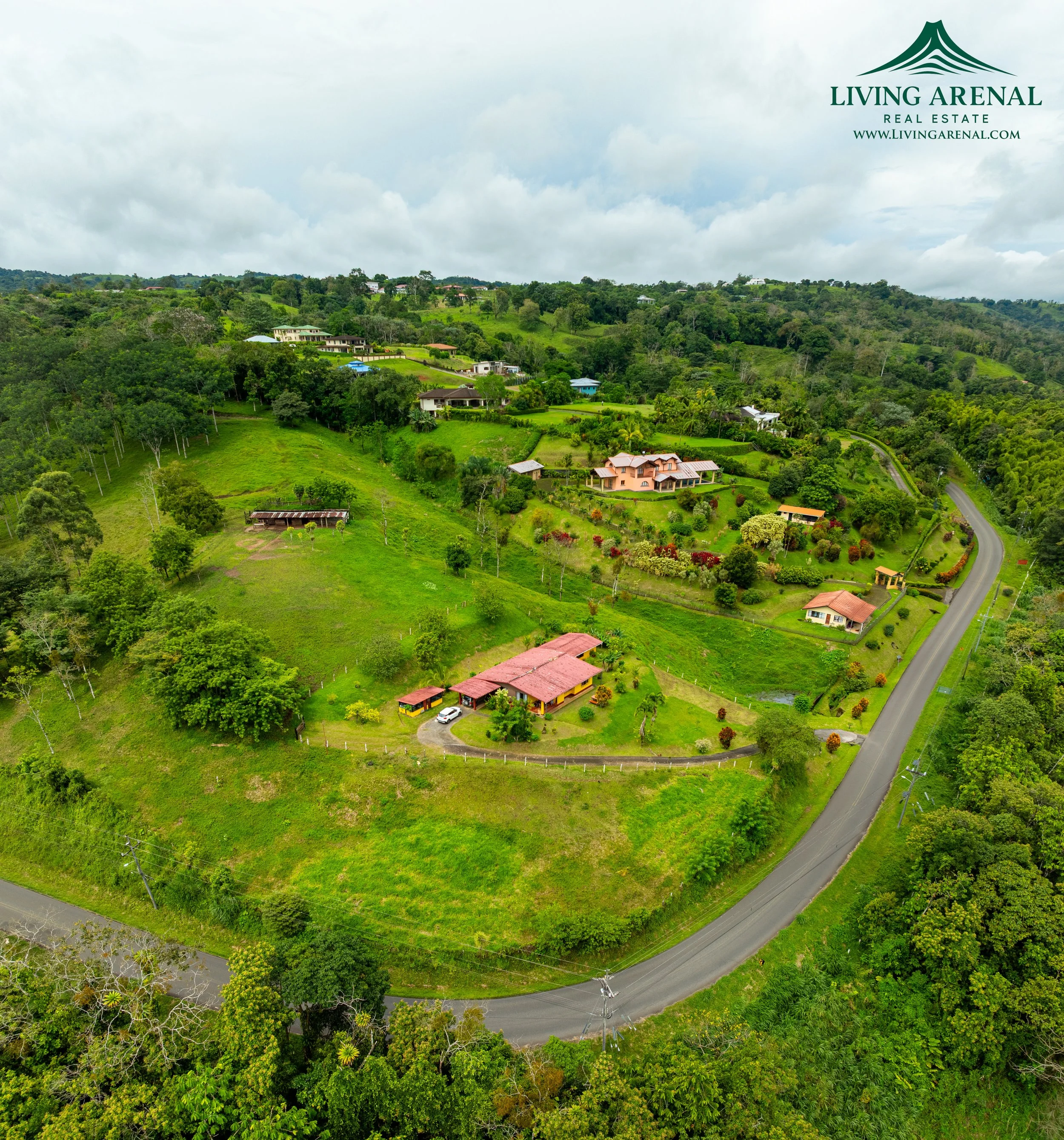 Aerial view of a lush, green hillside with several residential homes, winding roads, and dense trees, with a cloudy sky overhead.