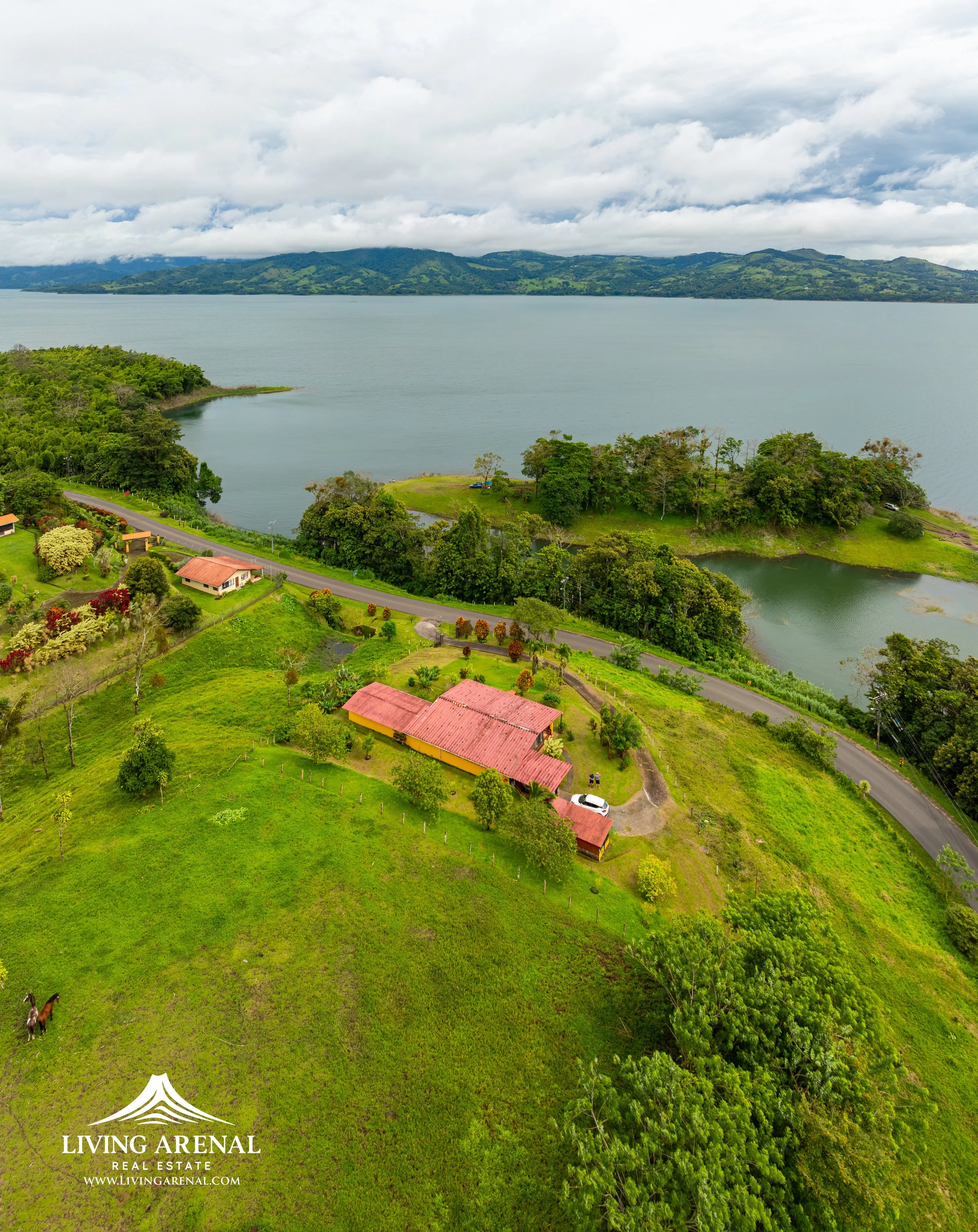 Aerial view of a green landscape with a house, trees, and water bodies near a large lake or sea, with mountains in the background.