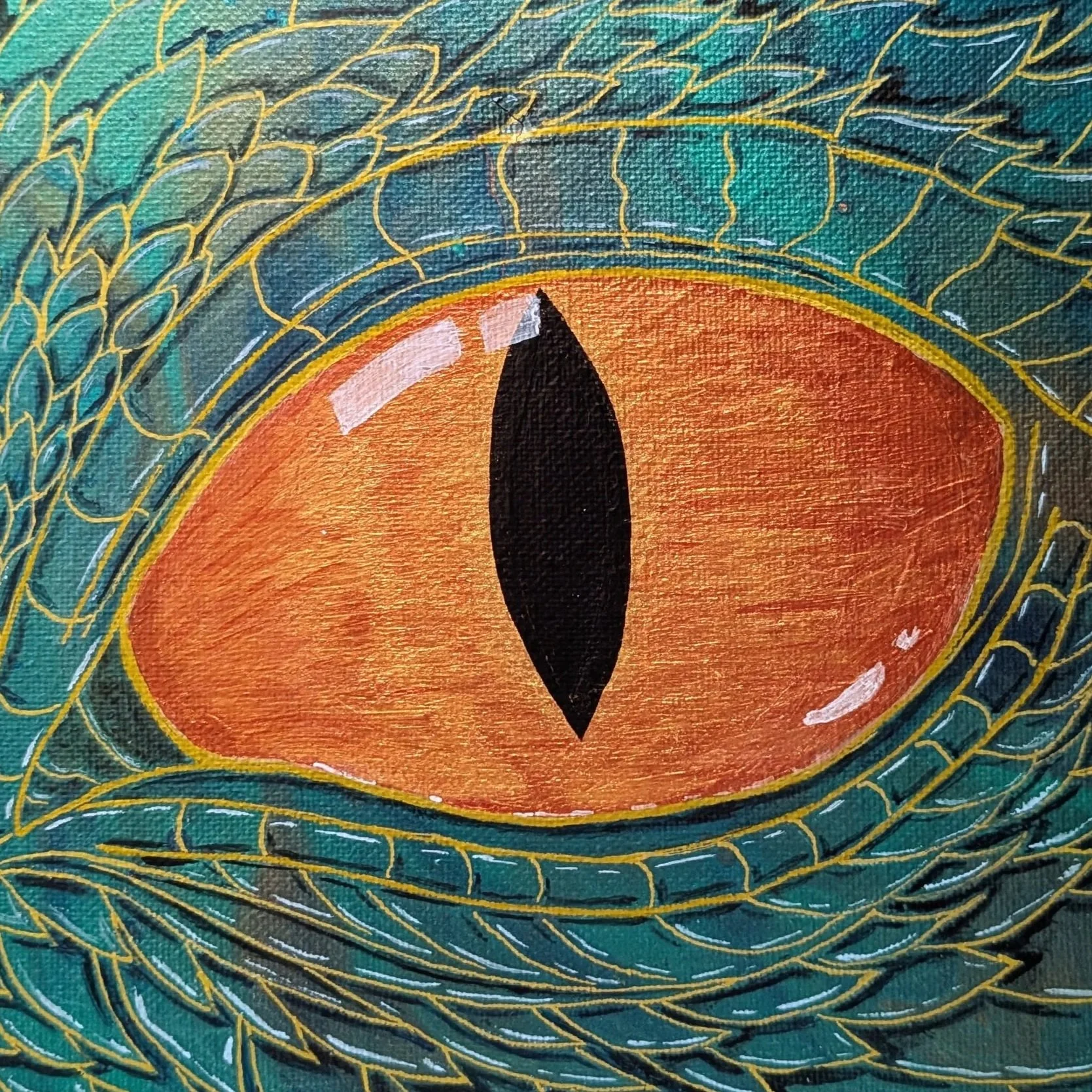 8x10 acrylic painting of a malachite-inspired dragon eye with teal and emerald scales, gold detailing, and a glowing copper-orange iris.