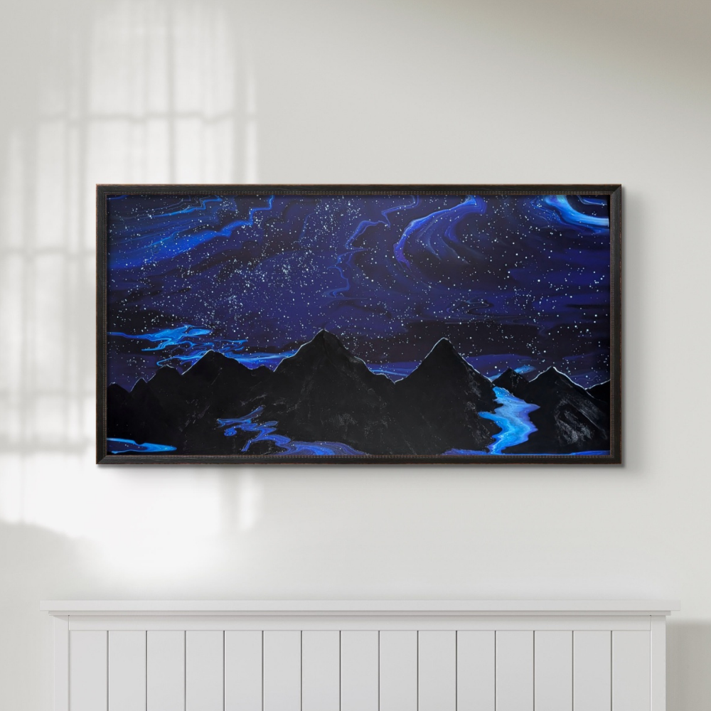 24x48 framed acrylic painting of a starry night sky over dark mountains with a glowing blue river winding through the landscape