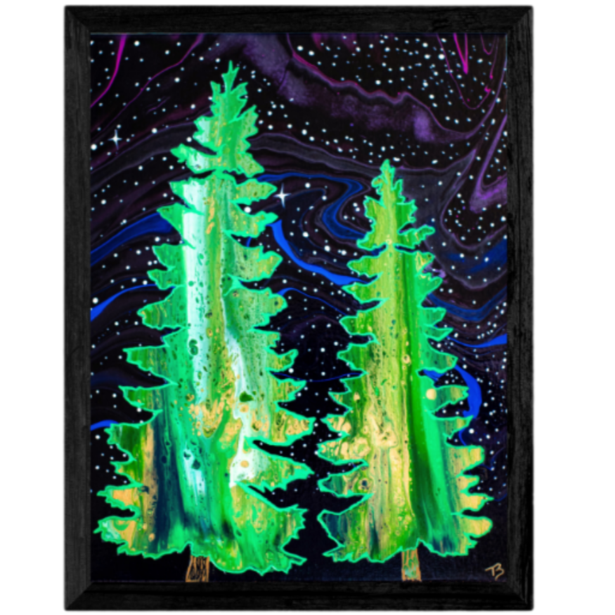 11x14 framed acrylic painting of glowing green evergreen trees against a swirling purple and blue starry night sky