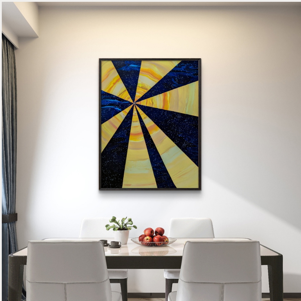 30x40 framed acrylic painting with yellow sun-like rays alternating with dark blue starry sections in a radial design