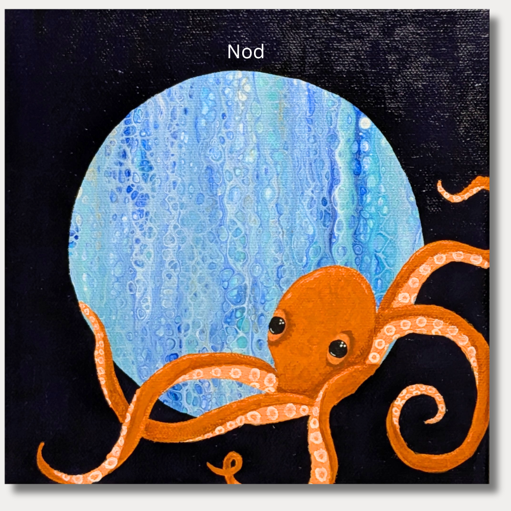 8x8 acrylic painting of orange octopus in a blue ocean scene with a starry background