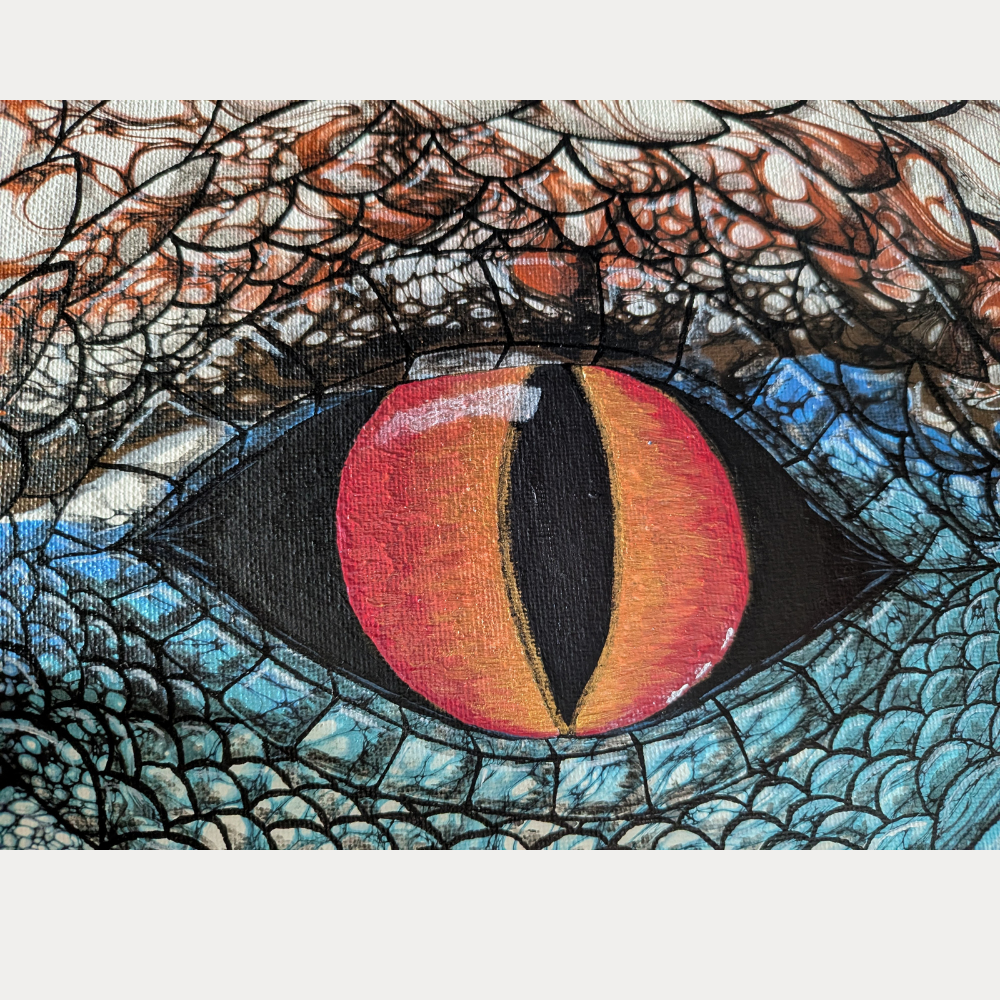 8x10 acrylic painting of a fiery orange and red dragon eye surrounded by textured, scale-like patterns in dark tones