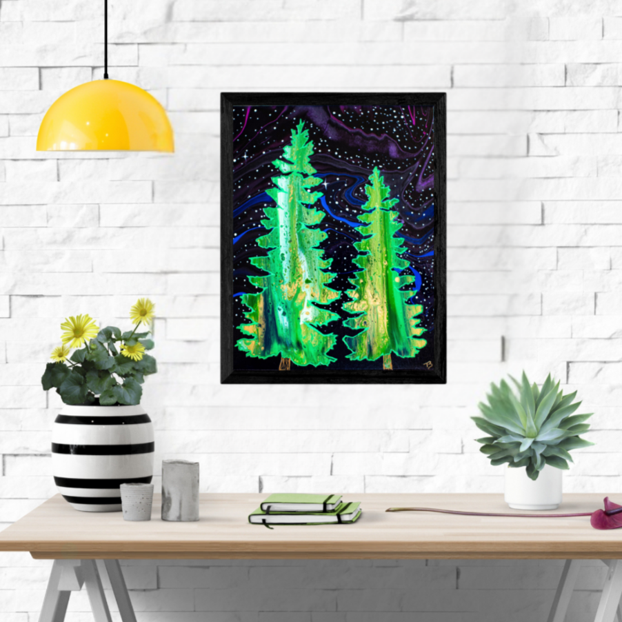 11x14 framed acrylic painting of glowing green evergreen trees against a swirling purple and blue starry night sky