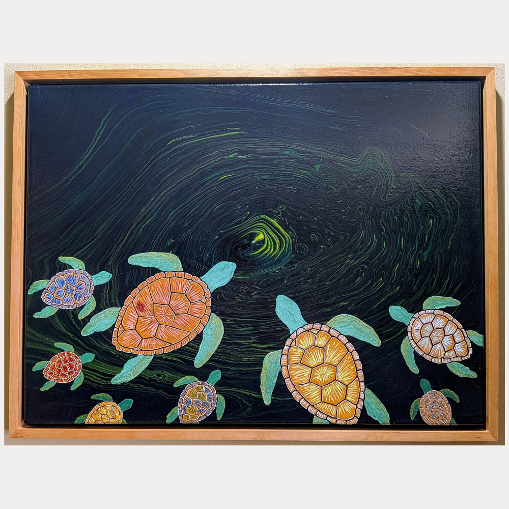 18x24 framed acrylic painting of sea turtles with patterned shells swimming through a dark swirling ocean resembling a cosmic vortex