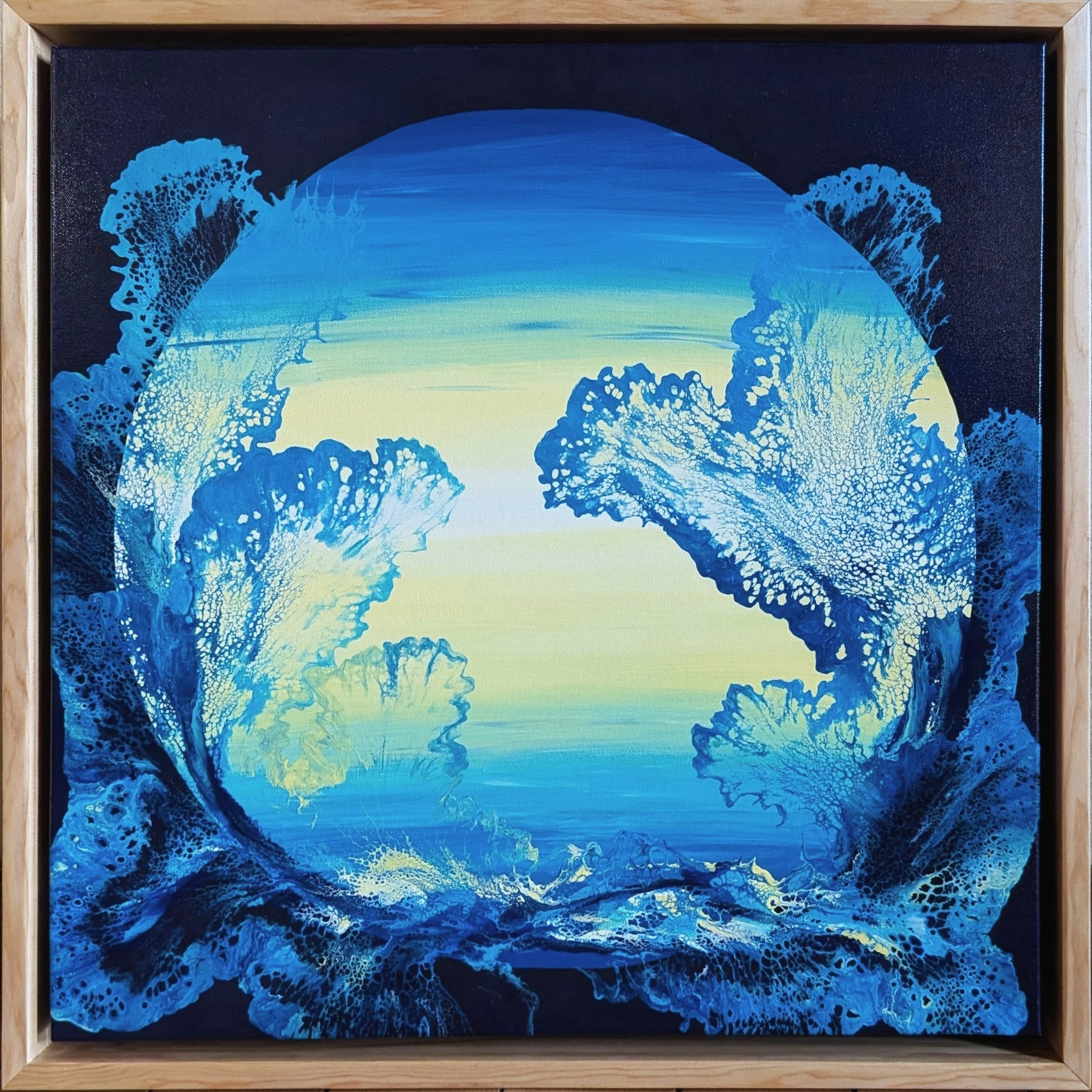 24x24 framed acrylic painting of an ocean horizon seen through a circular portal, surrounded by textured blue abstract wave forms
