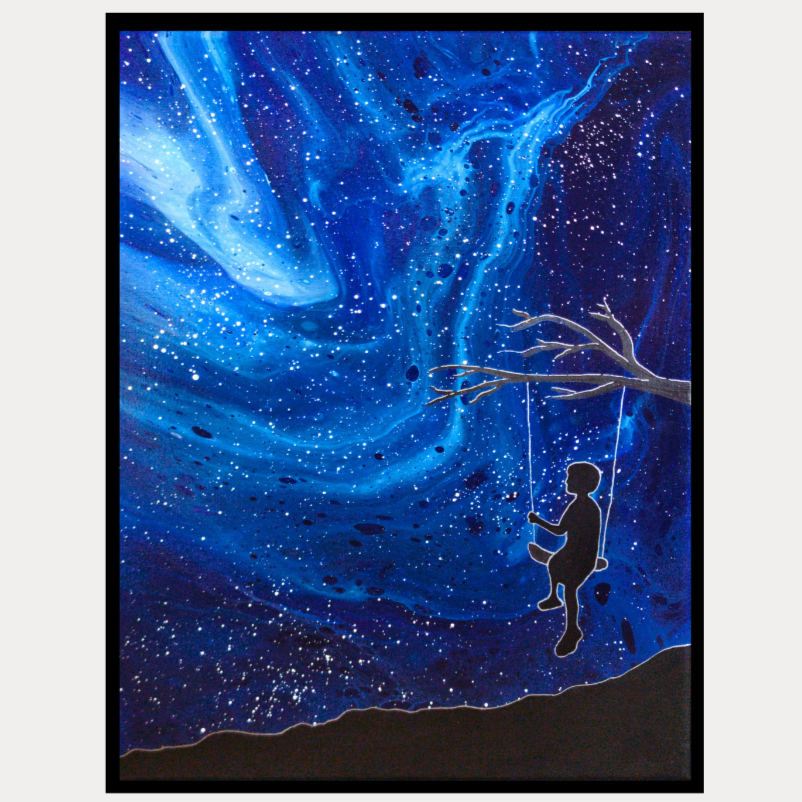 Wonder original 12x16 acrylic painting of a silhouette on a swing beneath a starry blue sky.