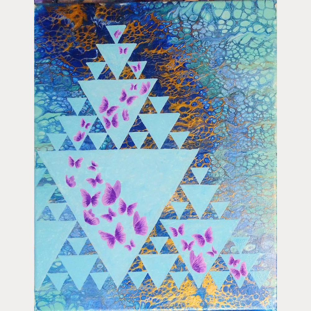 11x14 acrylic painting with layered triangle fractal pattern and purple butterflies over a blue and gold textured background