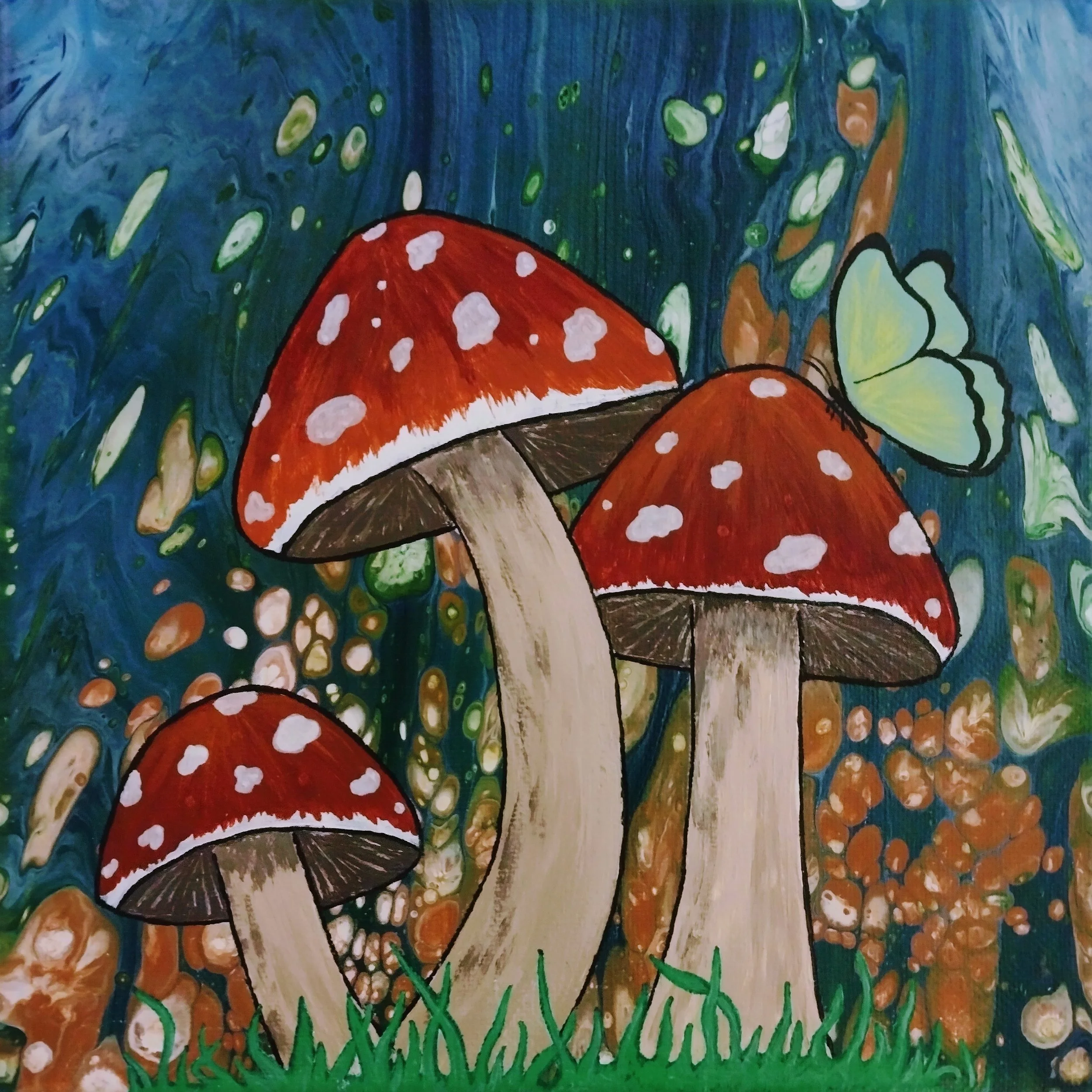The Three Shrooms | 8x8 |
mushrooms and a butterfly on an abstract background
