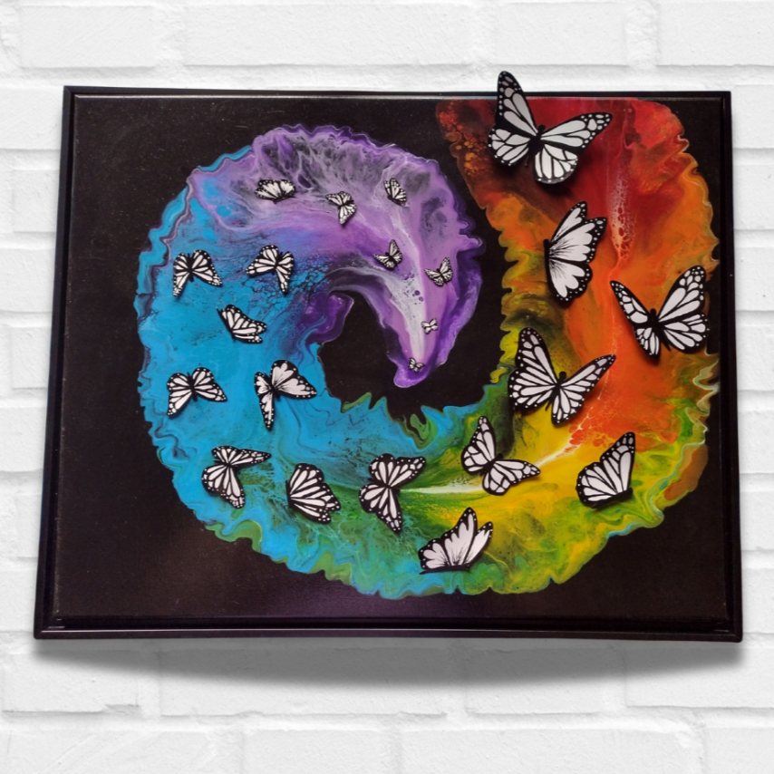 16x20 framed mixed media painting with a swirling rainbow composition and black-and-white butterflies, transitioning into 3D elements across the canvas