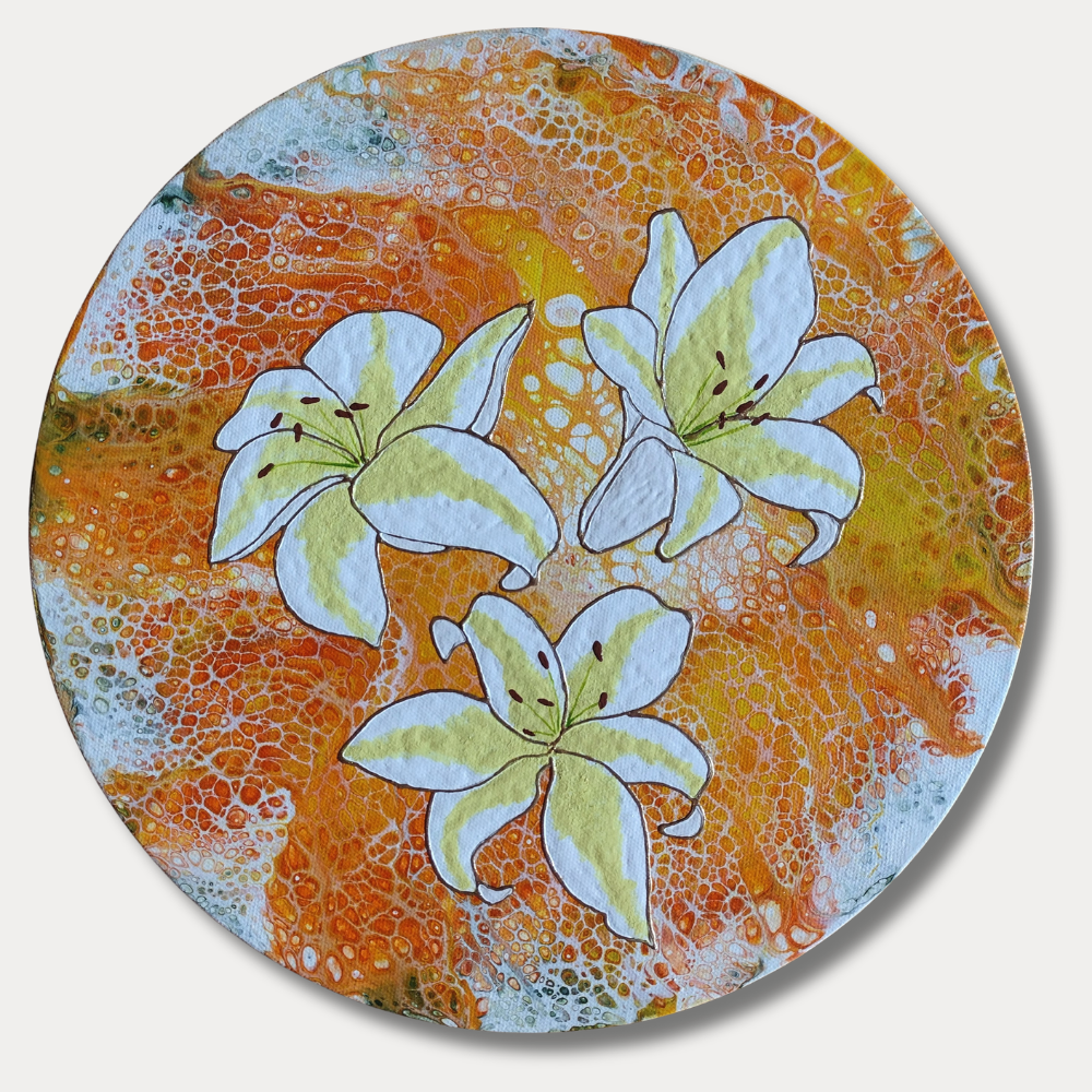 12 inch round acrylic painting of white lilies on a textured orange and gold fluid art background