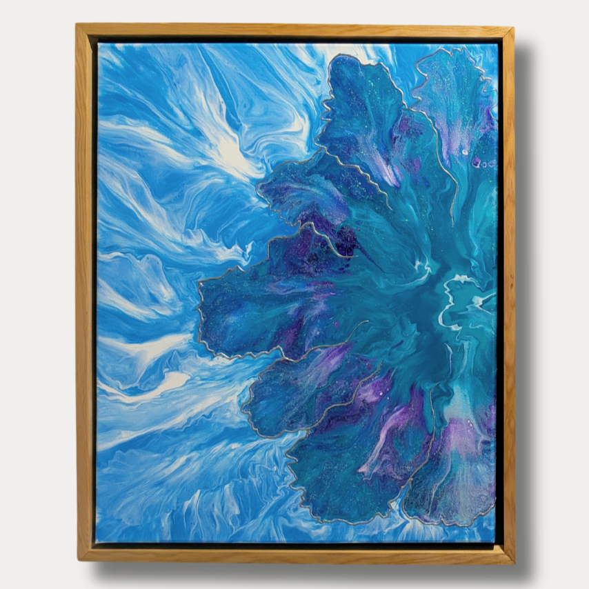 16x20 framed acrylic abstract painting in blue and teal tones with fluid, blooming shapes radiating from the center