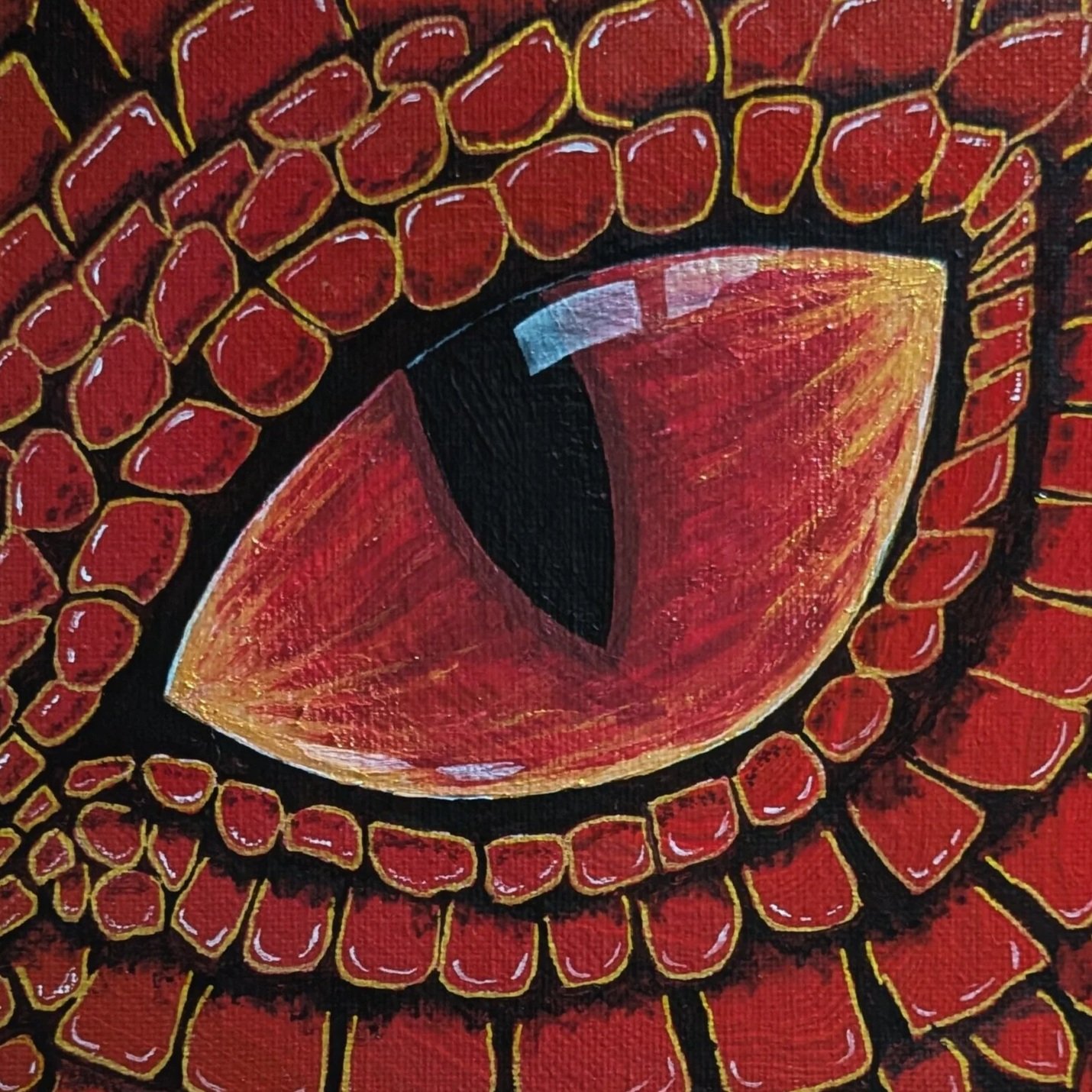 8x10 acrylic painting of a ruby-red dragon eye surrounded by detailed red scales with gold accents, from the Born of Stone and Flame collection.