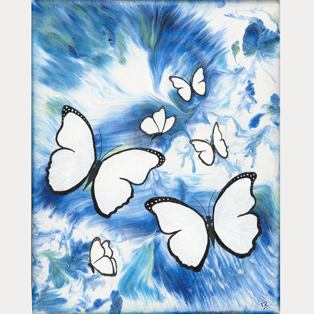 8x10 acrylic painting of white butterflies floating across a swirling blue and white abstract background