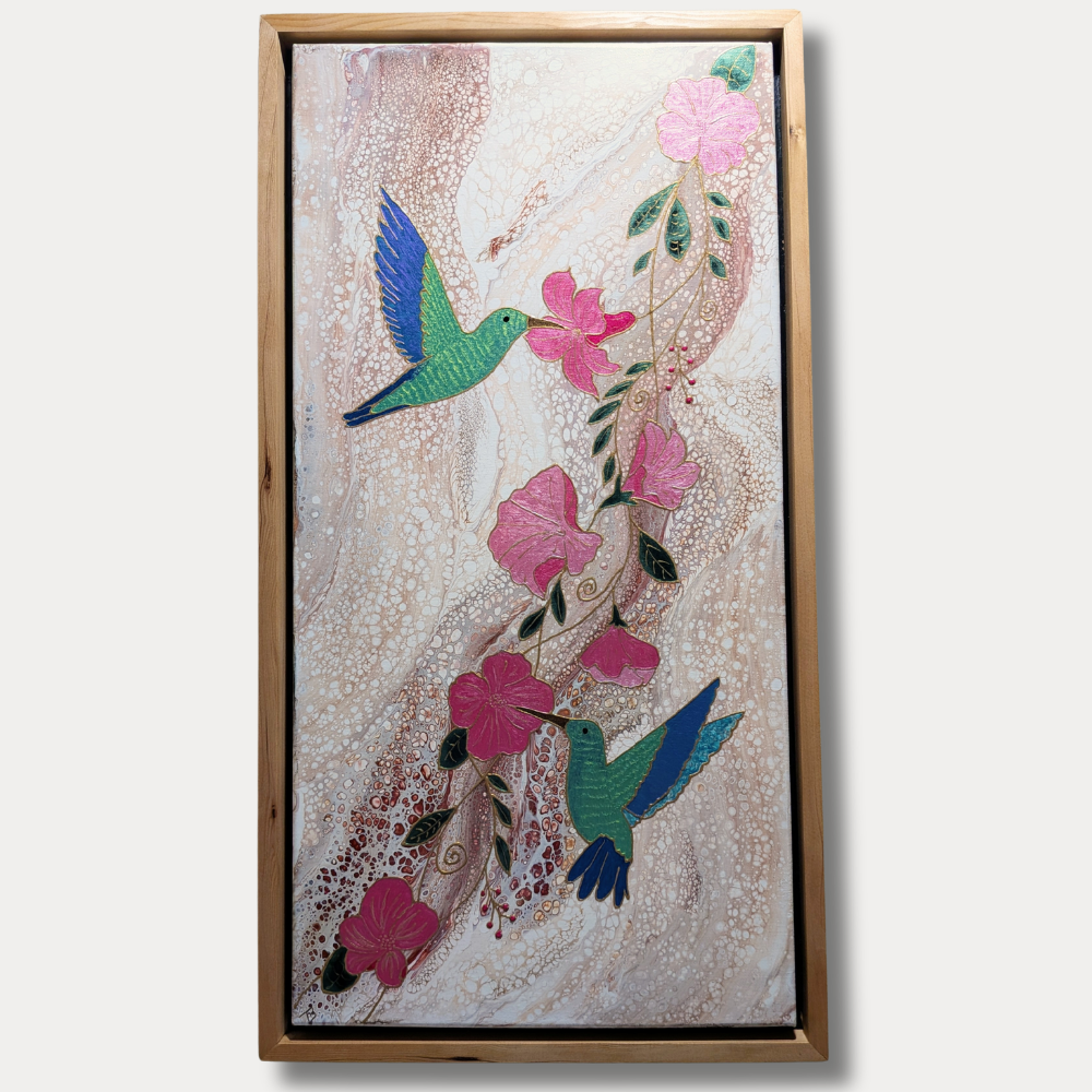 12x24 framed acrylic painting of hummingbirds and pink flowers with raised stained-glass style outlines on a soft textured background