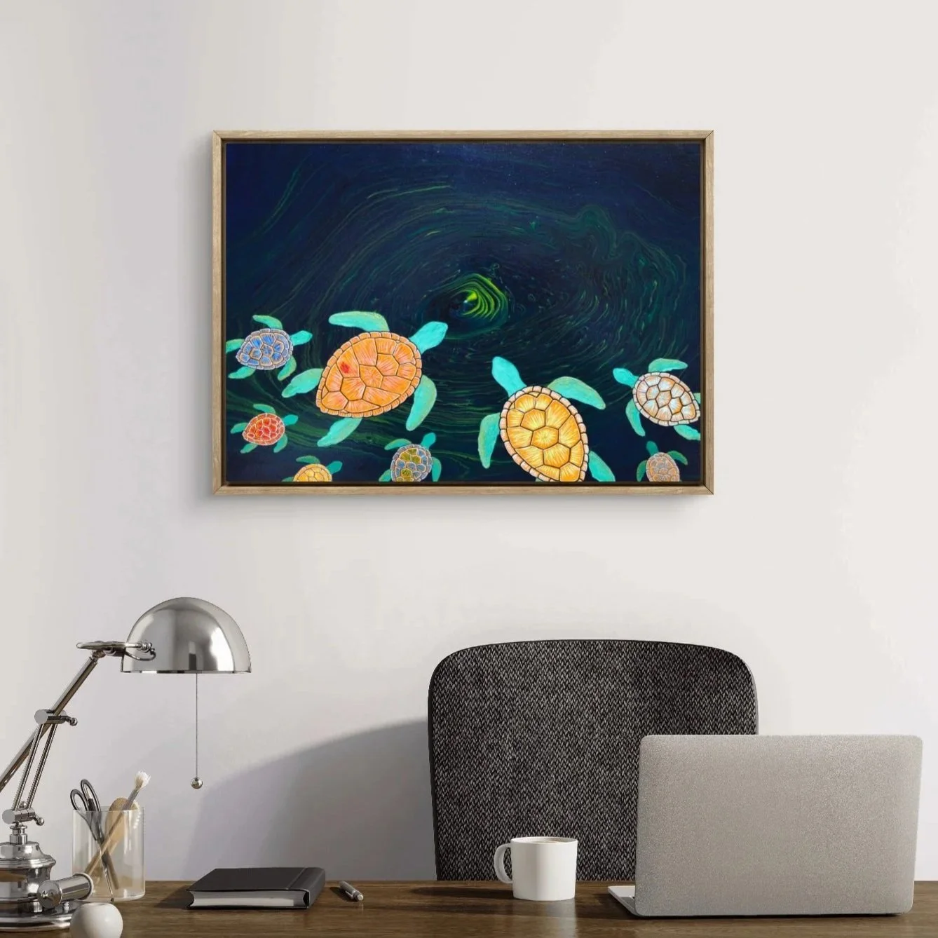 18x24 framed acrylic painting of sea turtles with patterned shells swimming through a dark swirling ocean resembling a cosmic vortex