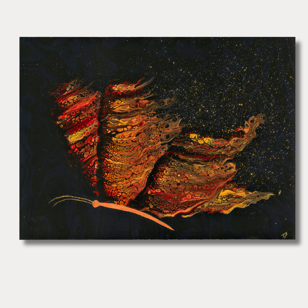 12x16 framed acrylic painting of a glowing red and gold butterfly emerging from a dark blue background with fluid textured details