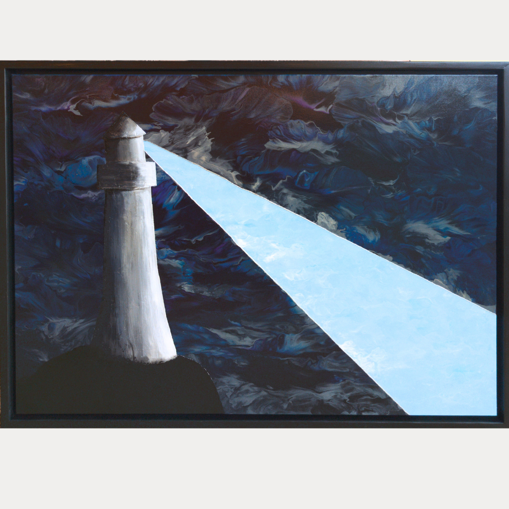 30x40 framed acrylic painting of a white lighthouse casting a bright beam of light through a dark blue stormy sky