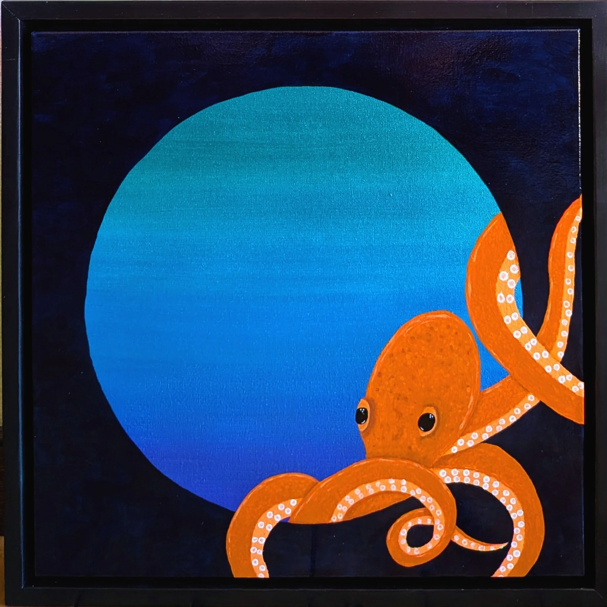 20x20 acrylic painting of an octopus named Steve, reaching beyond a circle to explore the viewer’s space.